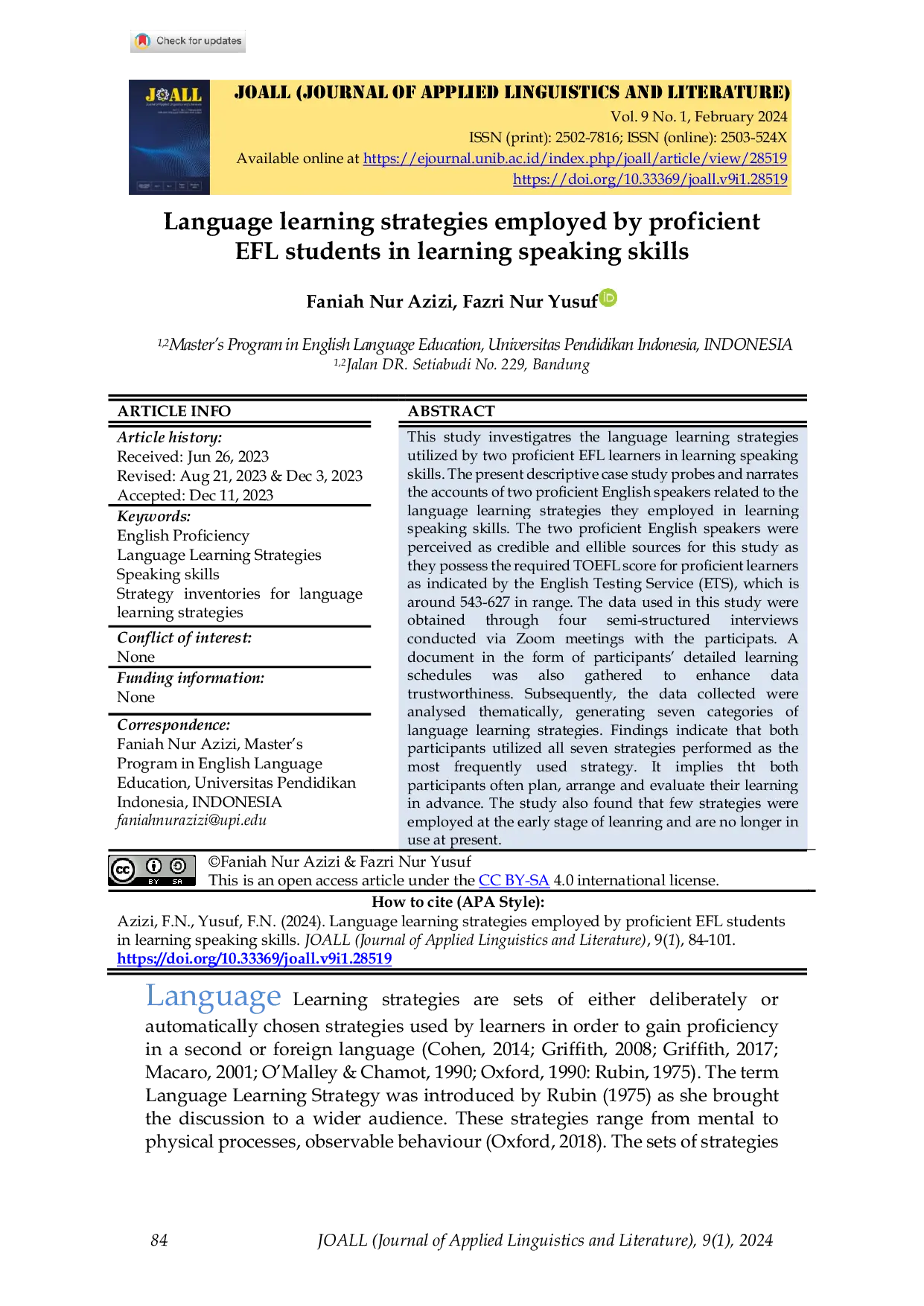 JURIS Language learning strategies employed by proficient EFL students in learning speaking skills