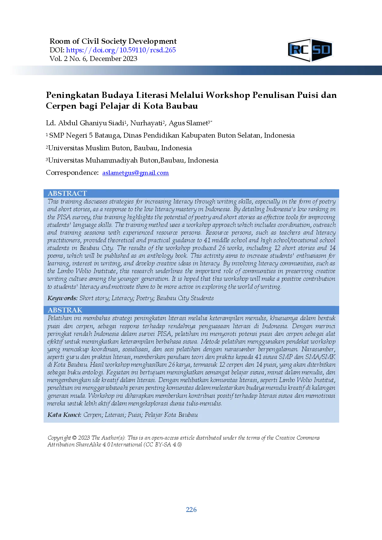 juris Peningkatan Budaya Literasi Melalui Workshop Penulisan Puisi dan Cerpen bagi Pelajar di Kota Baubau