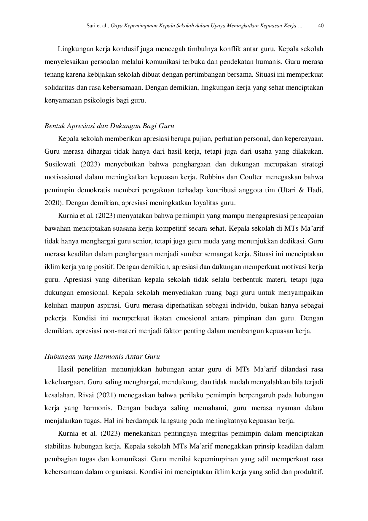 JURIS Gaya Kepemimpinan Kepala Sekolah dalam Upaya Meningkatkan Kepuasan Kerja Guru di MTs Ma arif Kecamatan Pemahan