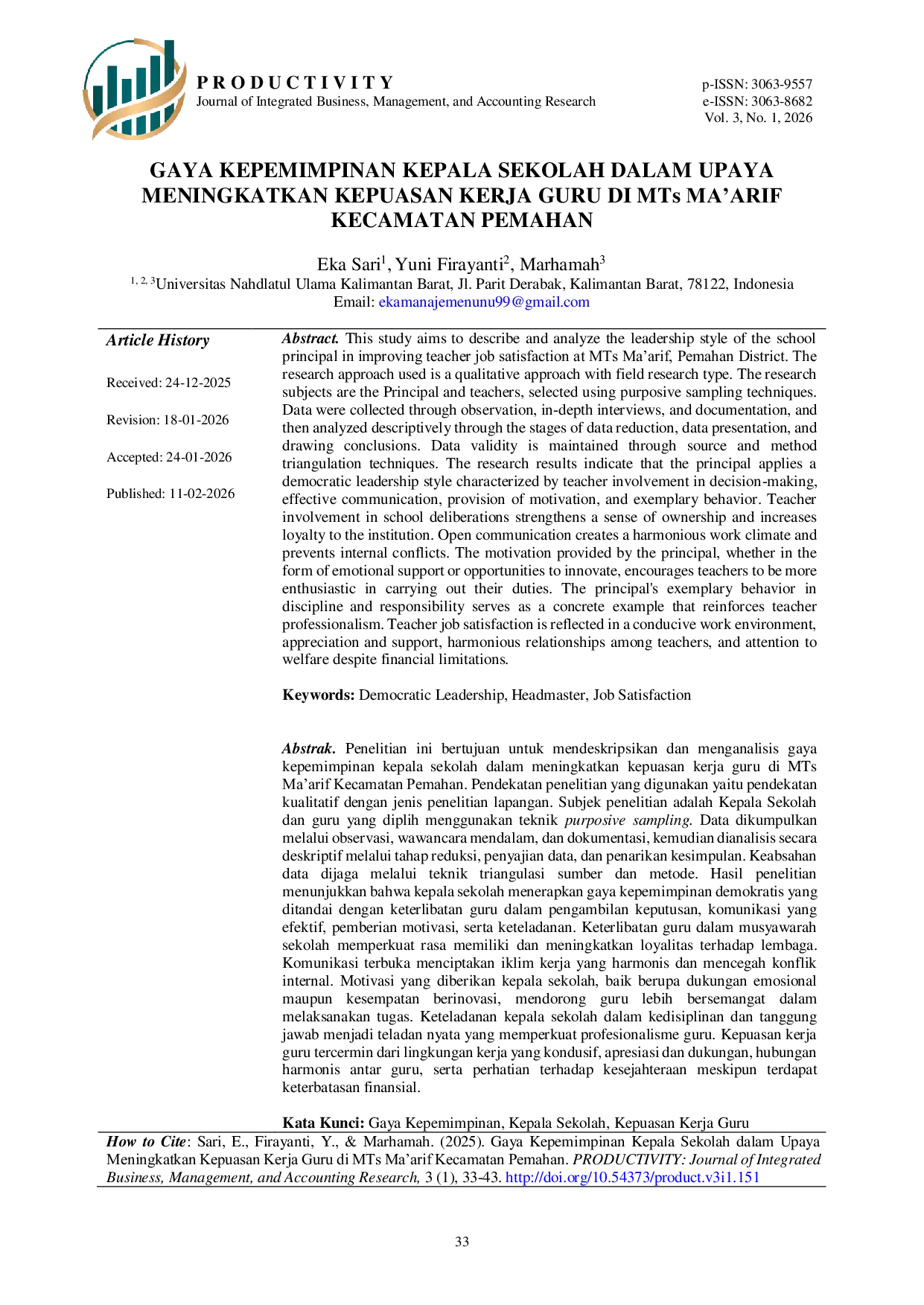 JURIS Gaya Kepemimpinan Kepala Sekolah dalam Upaya Meningkatkan Kepuasan Kerja Guru di MTs Ma arif Kecamatan Pemahan