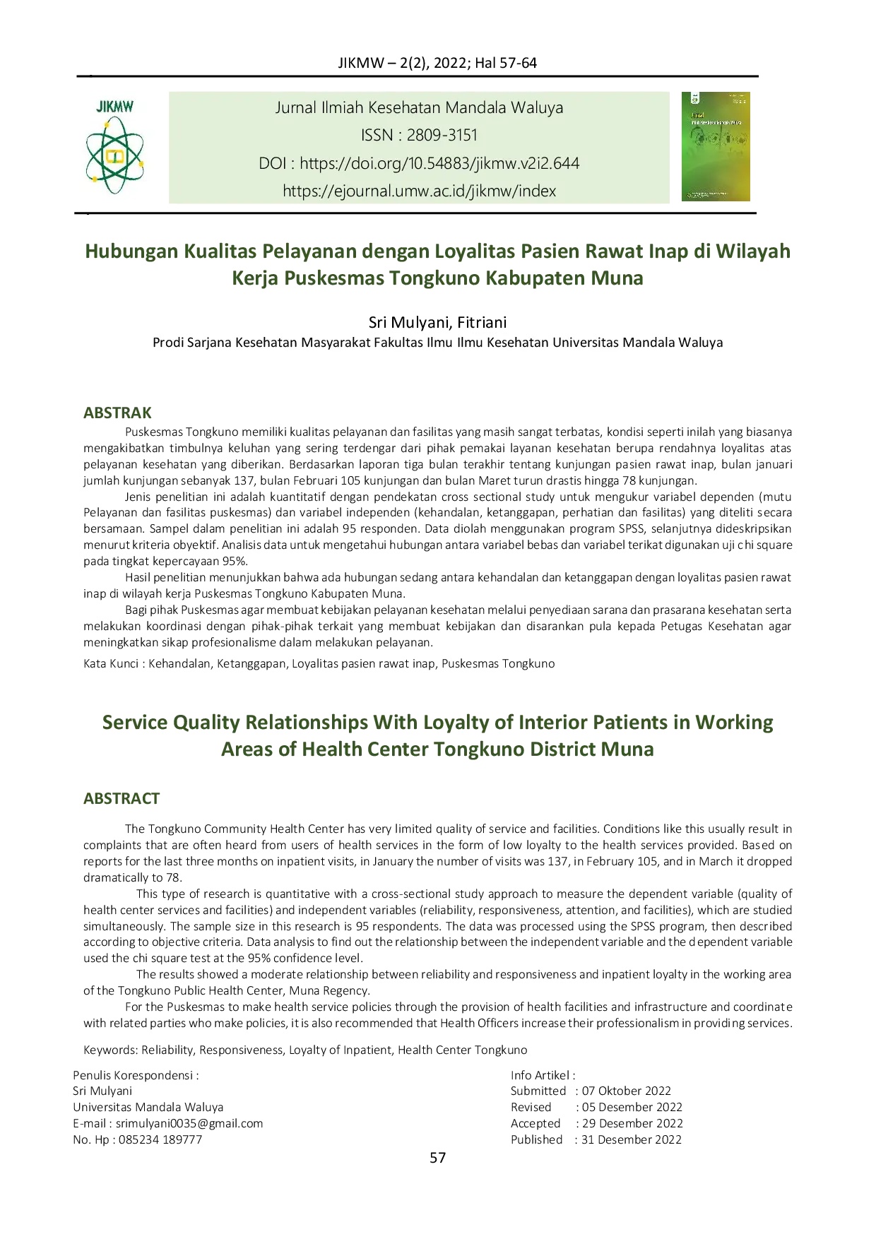 JURIS Hubungan Kualitas Pelayanan dengan Loyalitas Pasien Rawat Inap di Wilayah Kerja Puskesmas Tongkuno Kabupaten Muna