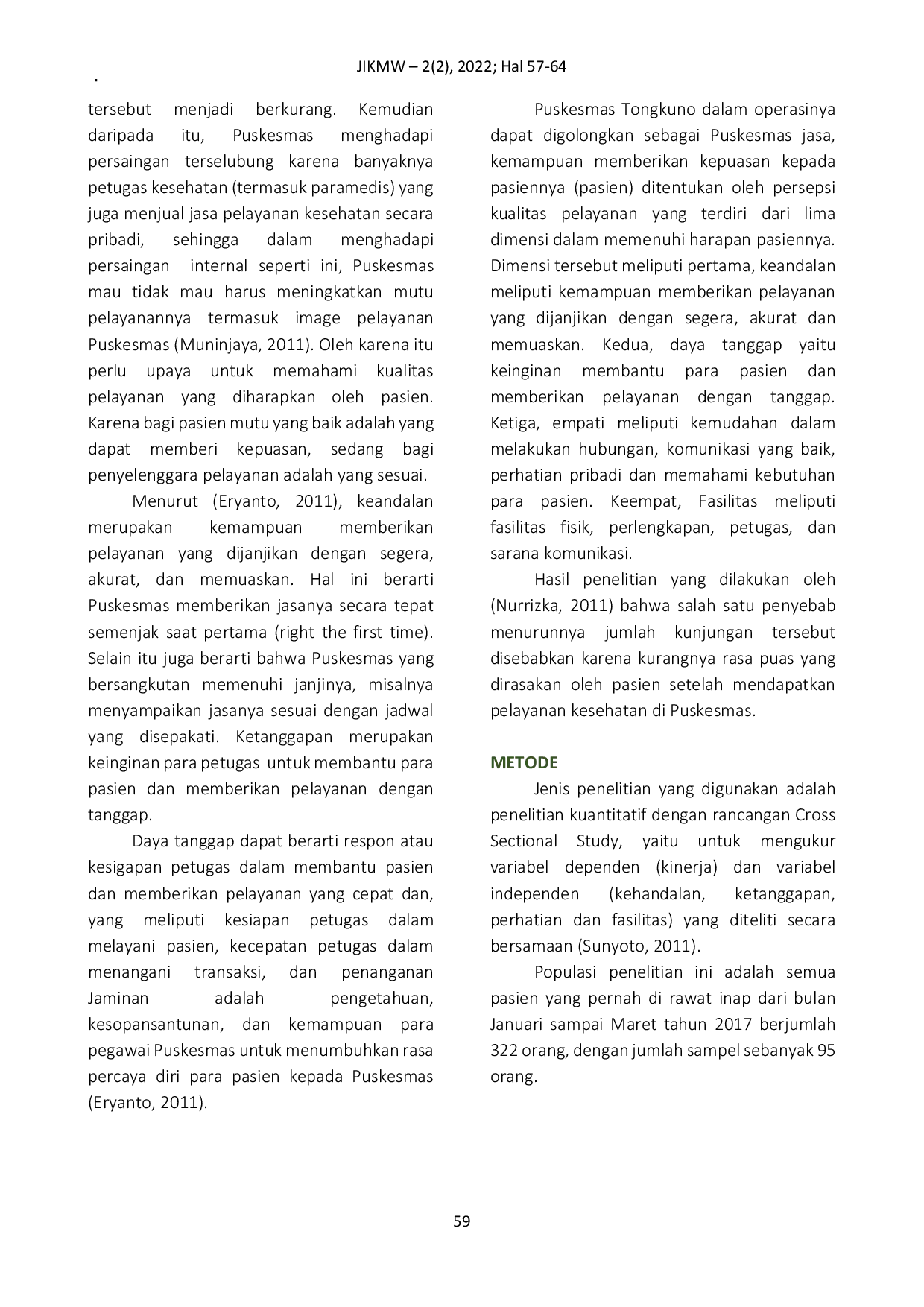 JURIS Hubungan Kualitas Pelayanan dengan Loyalitas Pasien Rawat Inap di Wilayah Kerja Puskesmas Tongkuno Kabupaten Muna