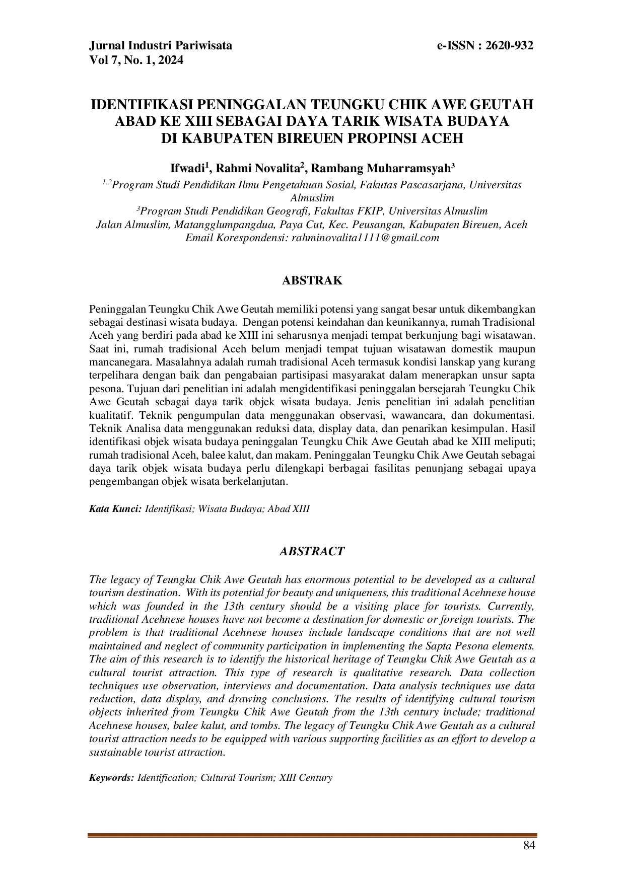 juris Identifikasi Peninggalan Teungku Chik Awe Geutah Abad Ke XIII Sebagai Daya Tarik Wisata Budaya Di Kabupaten Bireuen Provinsi Aceh