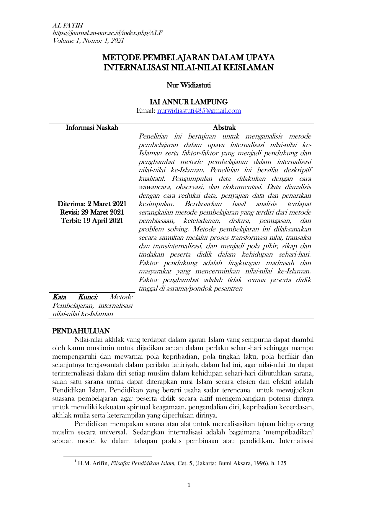 JURIS Metode Pembelajaran Dalam Upaya Internalisasi Nilai Nilai Keislaman