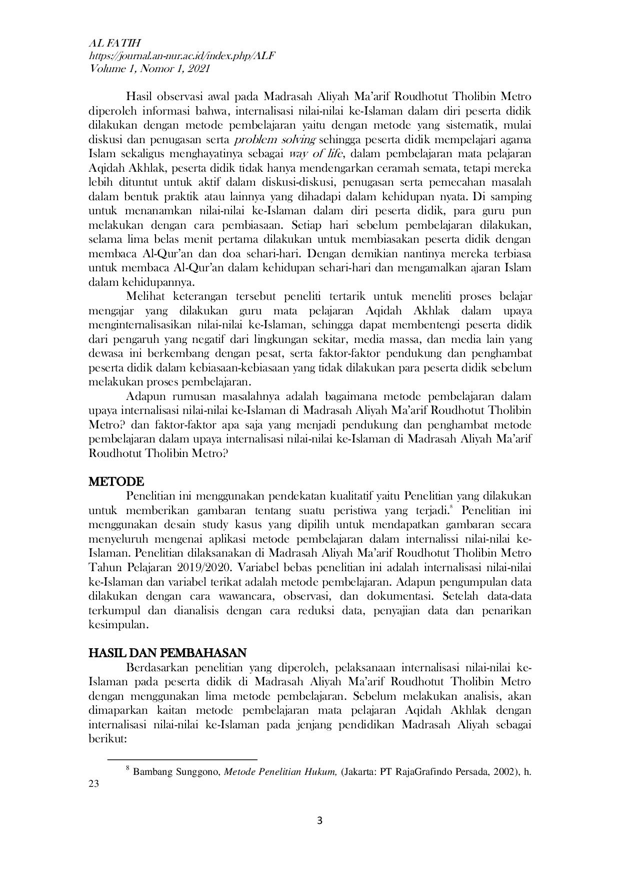 JURIS Metode Pembelajaran Dalam Upaya Internalisasi Nilai Nilai Keislaman