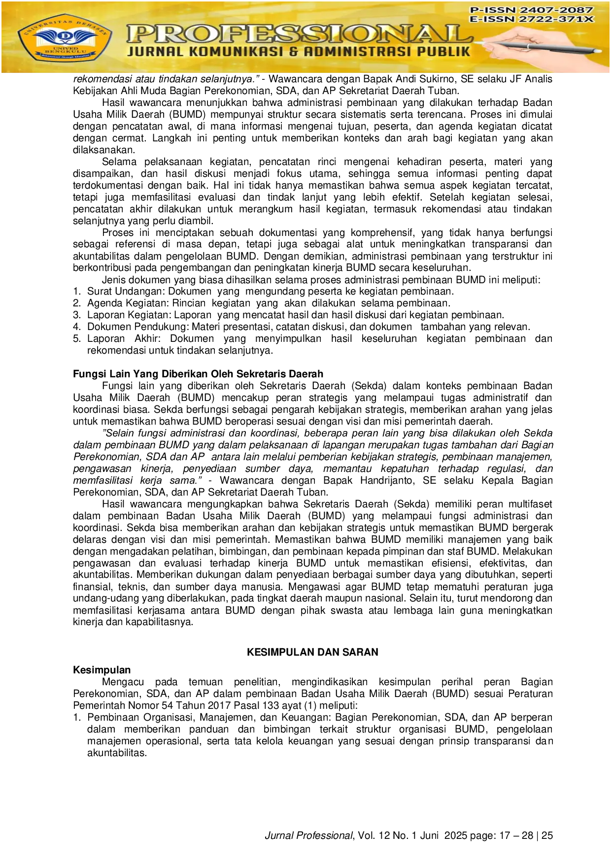 JURIS Peran Pembinaan Terhadap Badan Usaha Milik Daerah Oleh Bagian Perekonomian Sekretariat Tuban