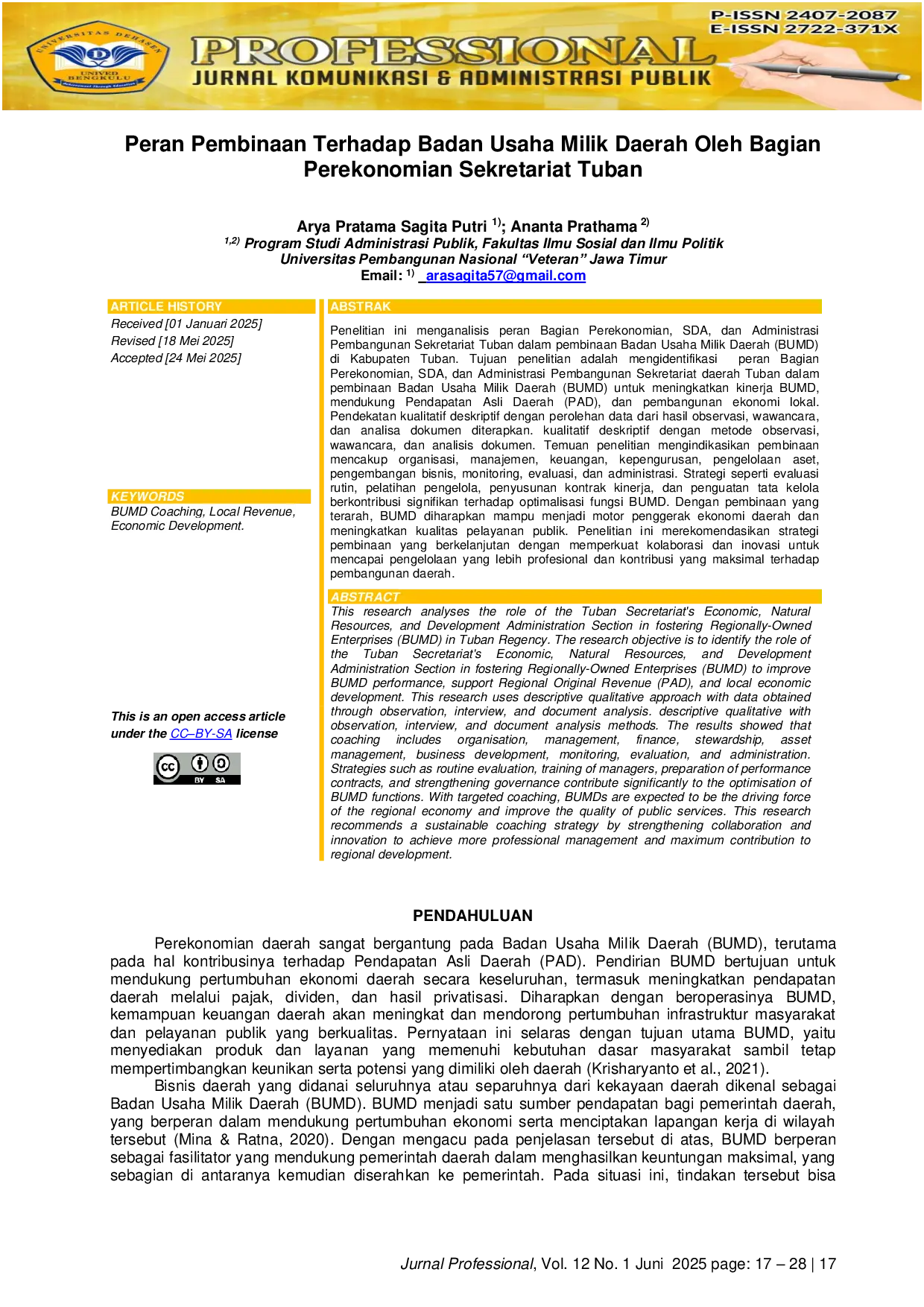 JURIS Peran Pembinaan Terhadap Badan Usaha Milik Daerah Oleh Bagian Perekonomian Sekretariat Tuban