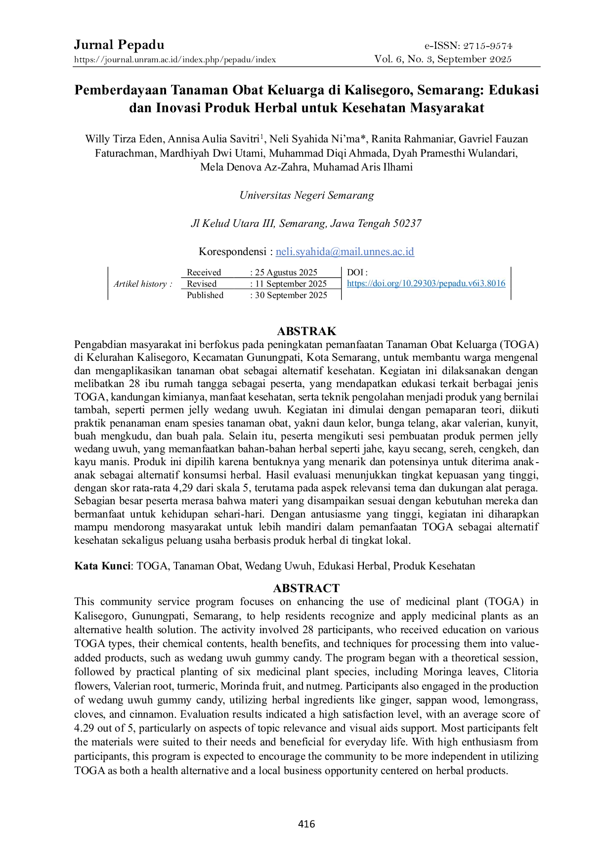 JURIS Pemberdayaan Tanaman Obat Keluarga di Kalisegoro Semarang Edukasi dan Inovasi Produk Herbal untuk Kesehatan Masyarakat