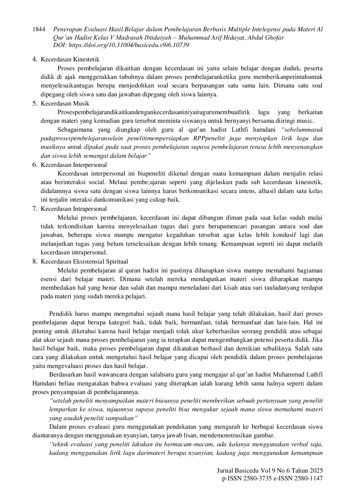 JURIS Penerapan Evaluasi Hasil Belajar dalam Pembelajaran Berbasis Multiple Intelegensi pada Materi Al Qur an Hadist Kelas V Madrasah Ibtidaiyah