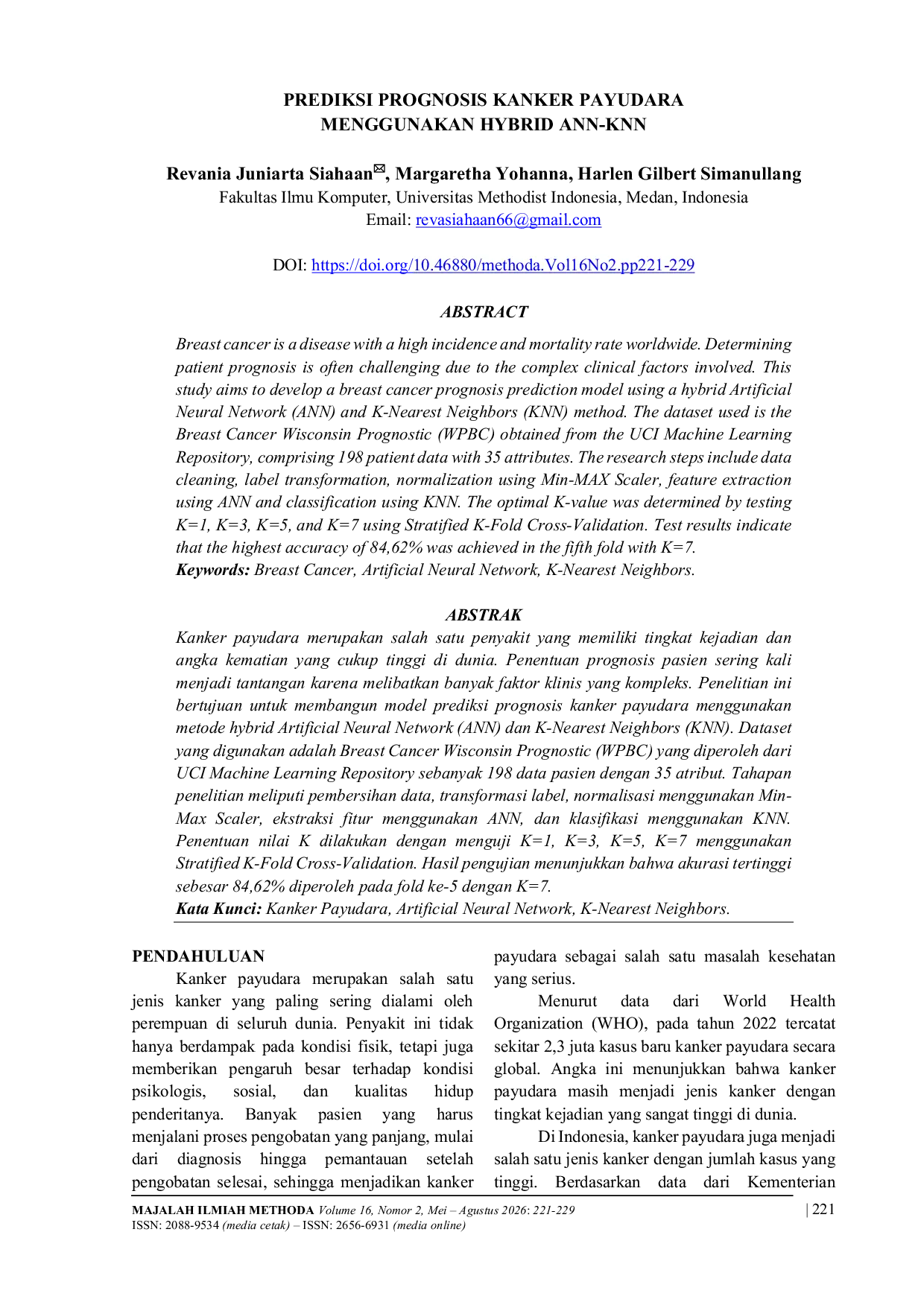 JURIS Prediction of Breast Cancer Prognosis Using Hybrid ANN KNN