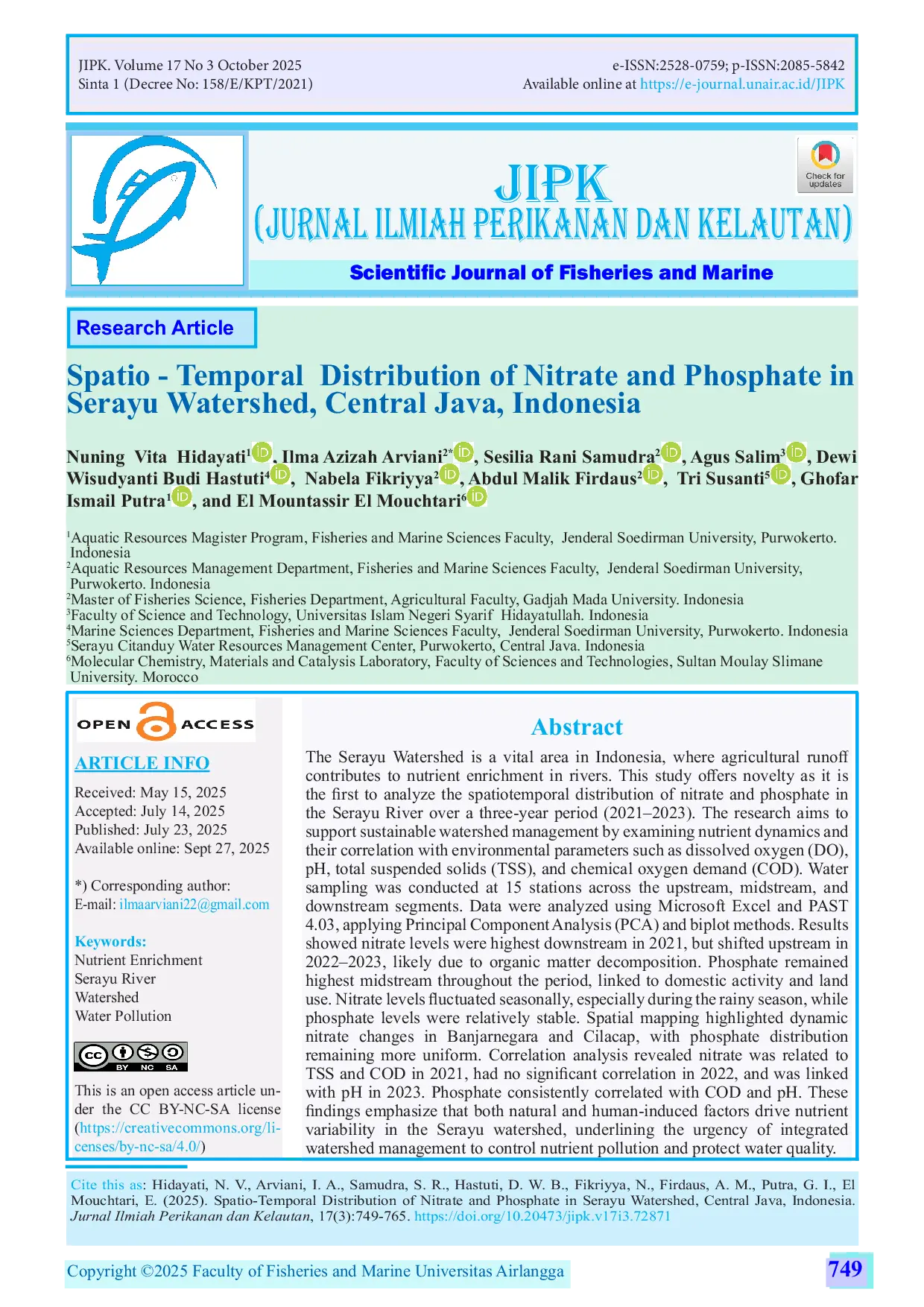 JURIS Spatio Temporal Distribution of Nitrate and Phosphate in Serayu Watershed Central Java Indonesia