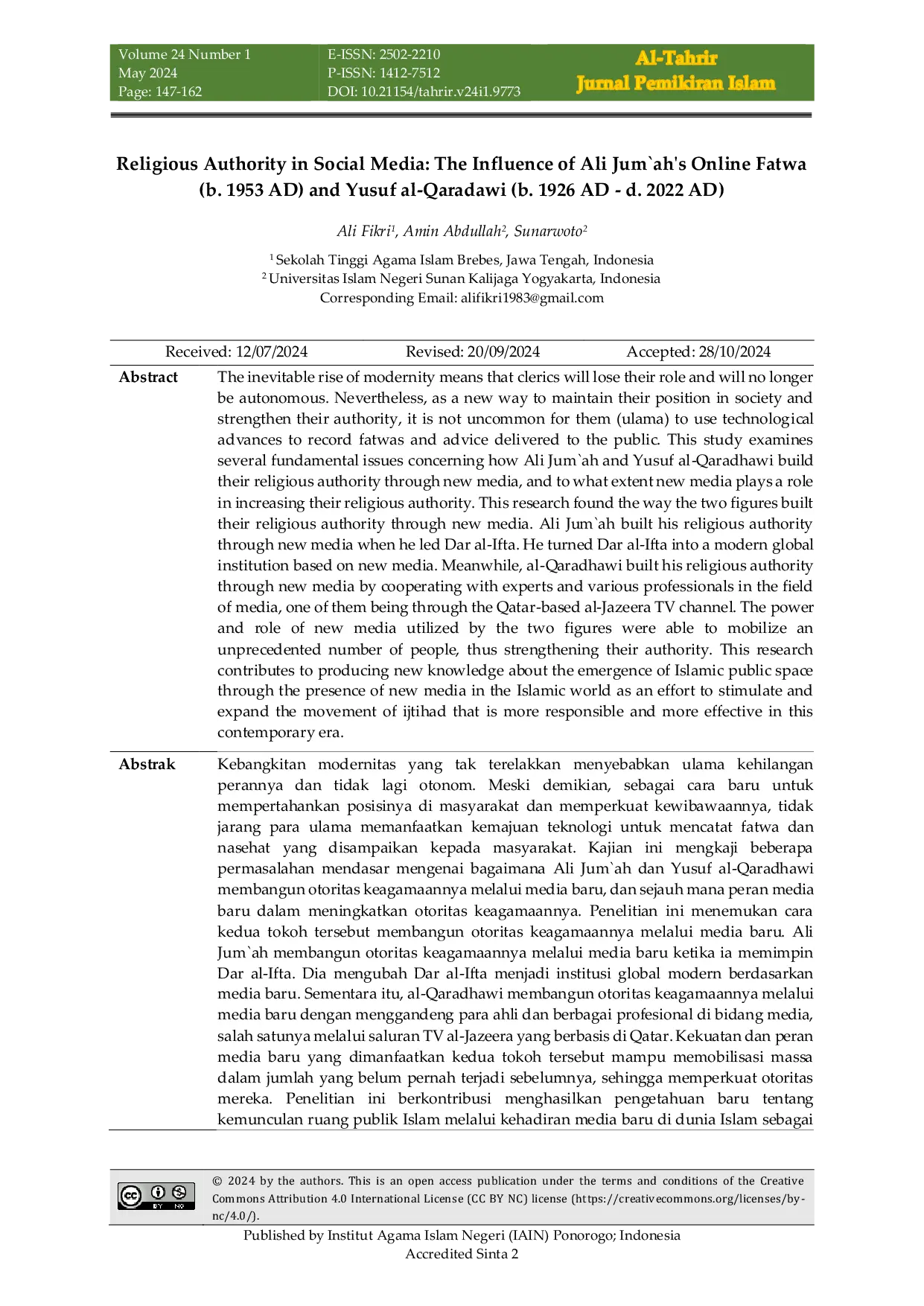 JURIS Religious Authority in Social Media The Influence of Ali Jum ah s Online Fatwa b 1953 AD and Yusuf al Qaradawi b 1926 AD d 2022 AD