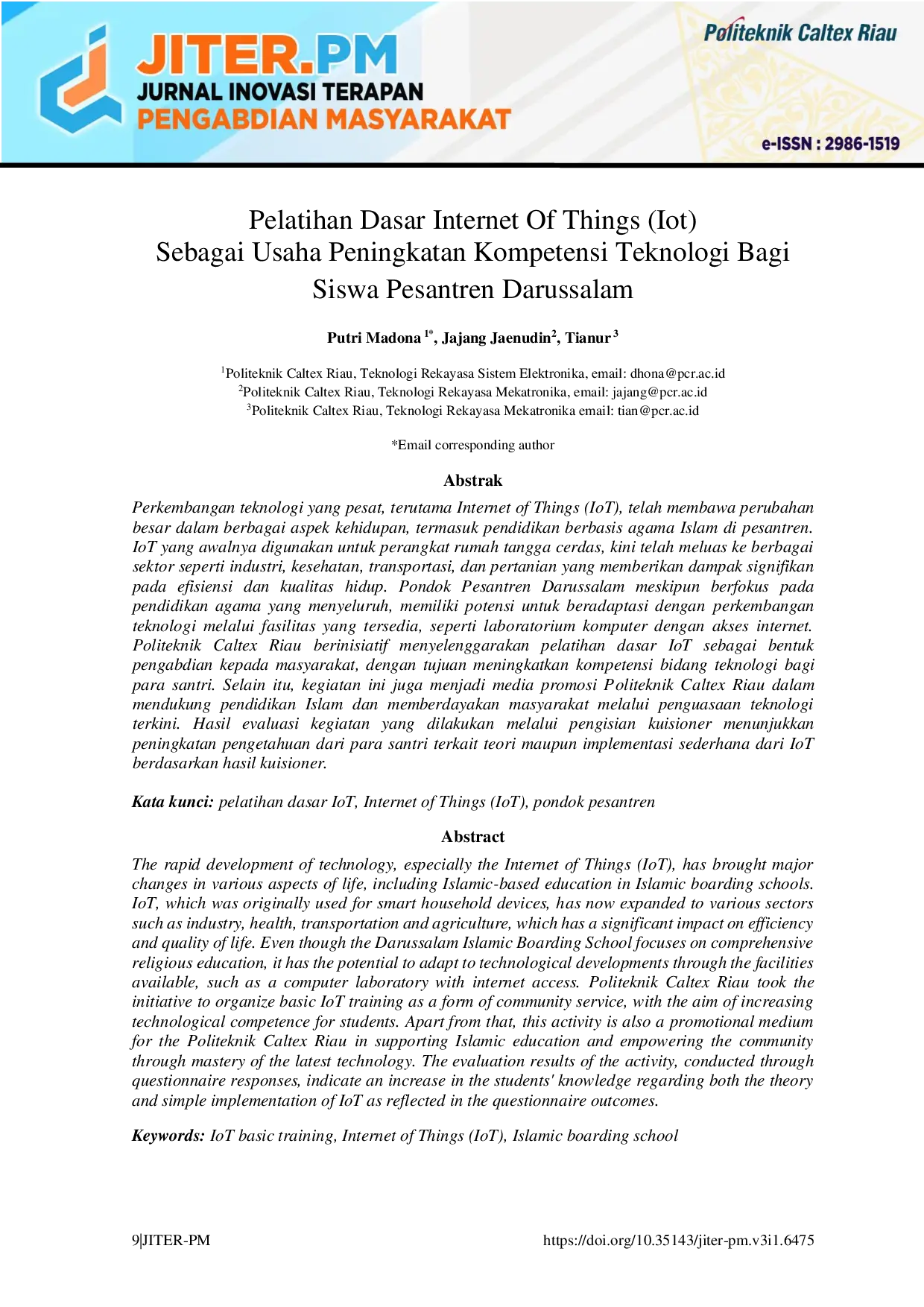 JURIS Pelatihan Dasar Internet Of Things Iot Sebagai Usaha Peningkatan Kompetensi Teknologi Bagi Siswa Pesantren Darussalam