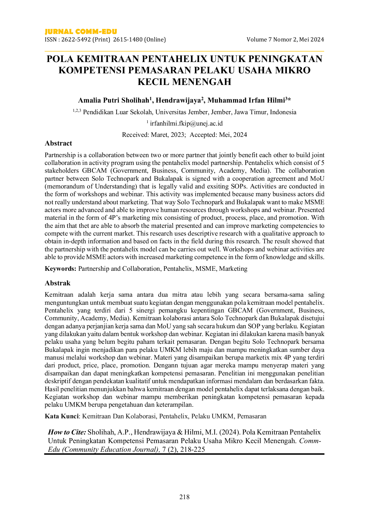 JURIS POLA KEMITRAAN PENTAHELIX UNTUK PENINGKATAN KOMPETENSI PEMASARAN PELAKU USAHA MIKRO KECIL MENENGAH Program Kolaborasi Solo Technopark Bersama Bukalapak