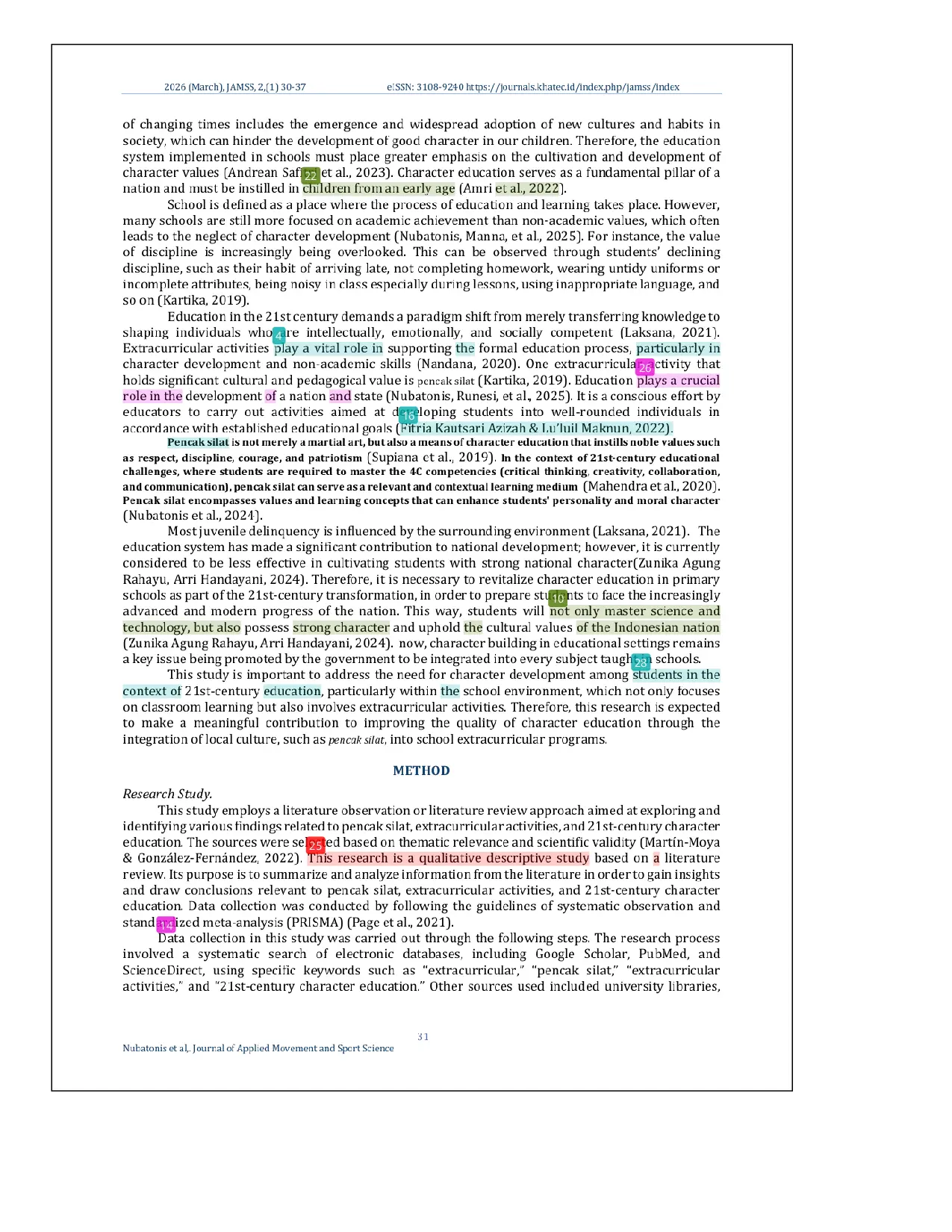 JURIS Pencak Silat as an extracurricular activity A literature assessment of its significance in addressing the issues of character education in the 21st century