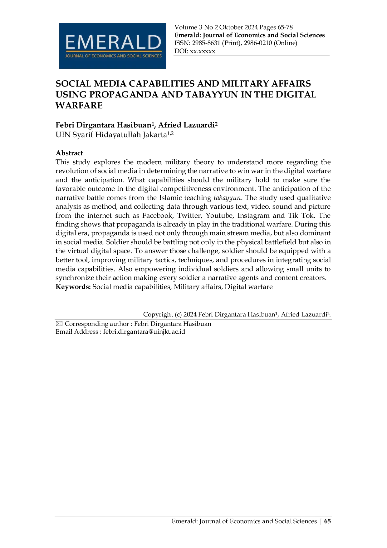 JURIS Social Media Capabilities And Military Affairs Using Propaganda And Tabayyun In The Digital Warfare