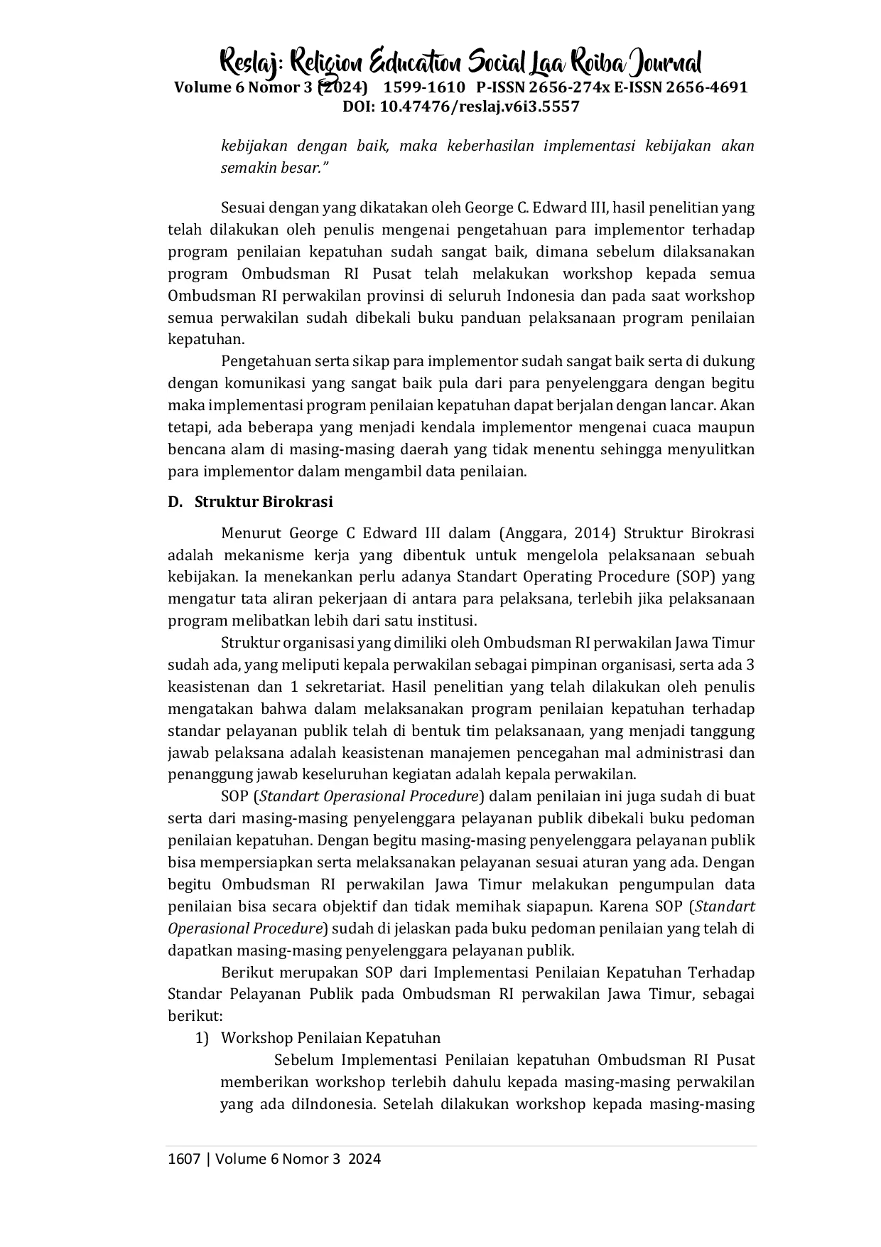 JURIS Implementasi Program Penilaian Kepatuhan terhadap Standar Pelayanan Publik oleh Ombudsman Republik Indonesia Perwakilan Jawa Timur