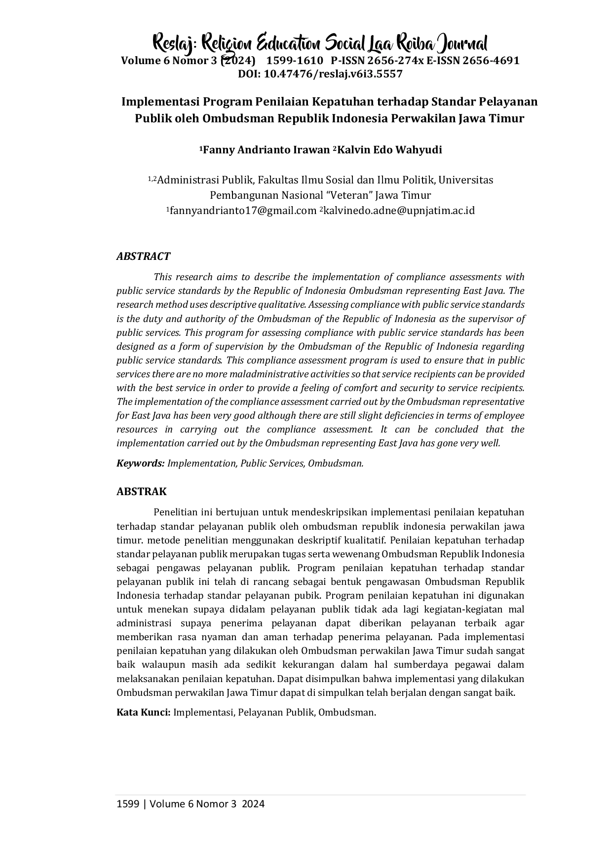 JURIS Implementasi Program Penilaian Kepatuhan terhadap Standar Pelayanan Publik oleh Ombudsman Republik Indonesia Perwakilan Jawa Timur