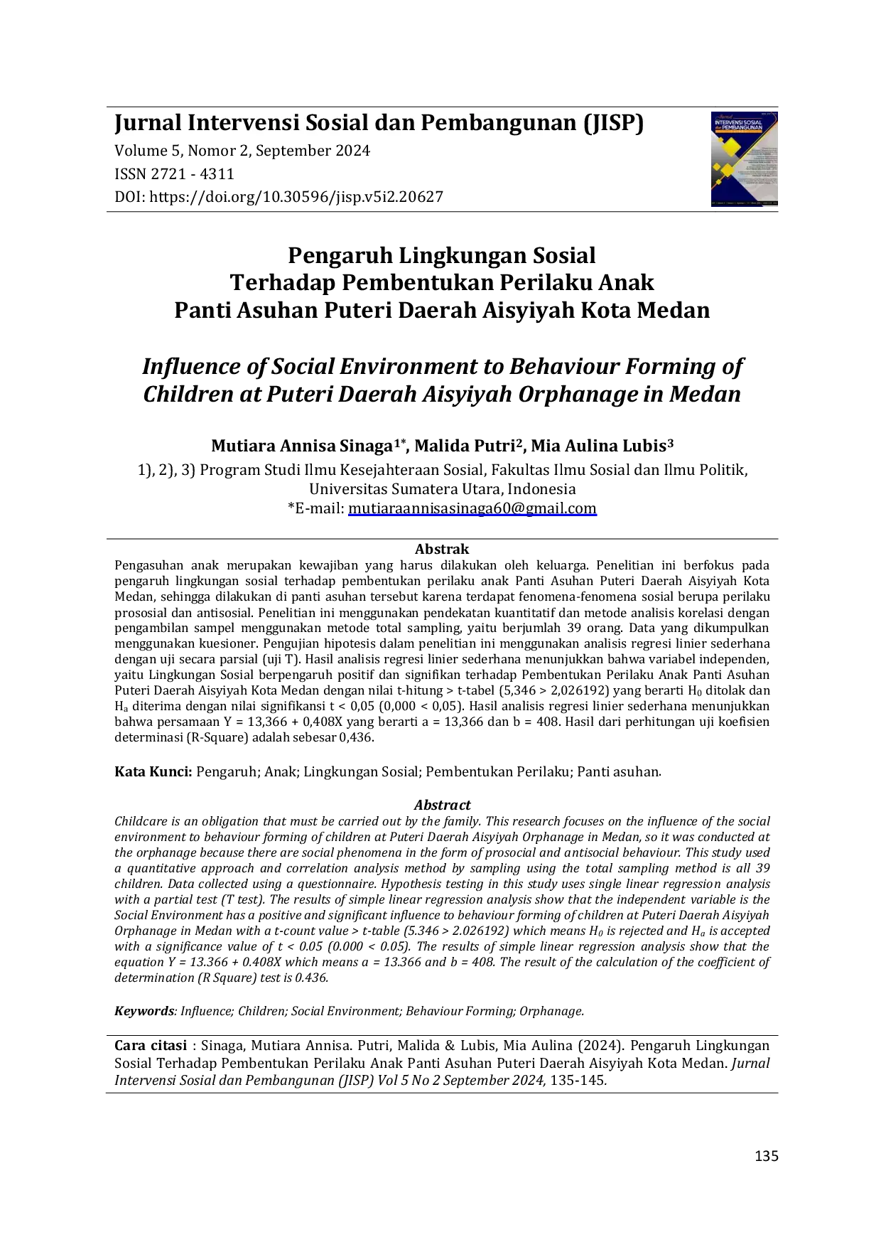 JURIS Pengaruh Lingkungan Sosial Terhadap Pembentukan Perilaku Anak Panti Asuhan Puteri Daerah Aisyiyah Kota Medan