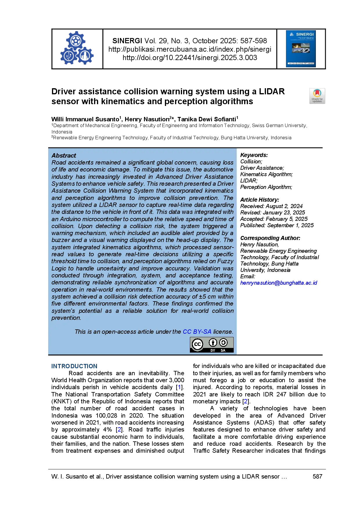 juris Driver assistance collision warning system using a LIDAR sensor with kinematics and perception algorithms