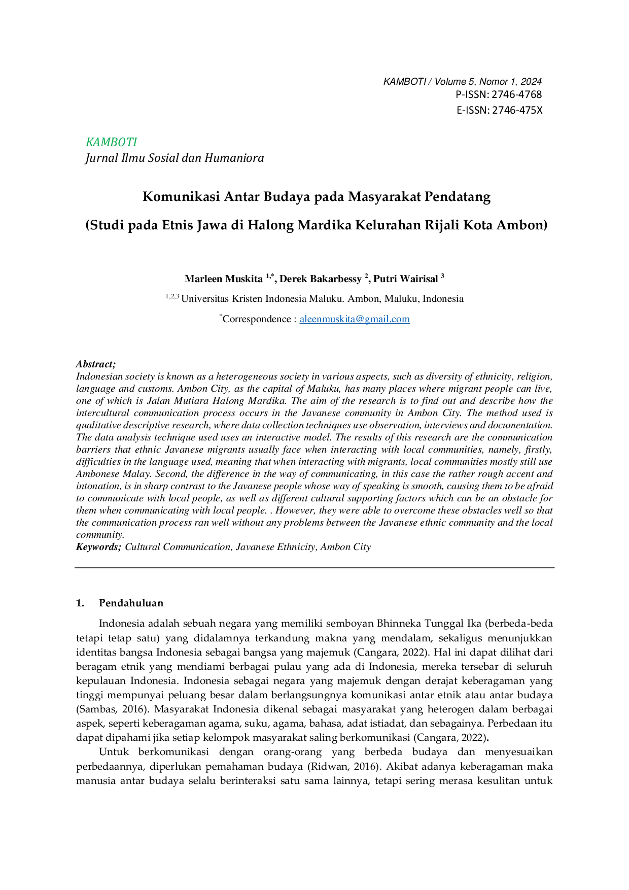 JURIS Komunikasi Antar Budaya pada Masyarakat Pendatang Studi pada Etnis Jawa di Halong Mardika Kelurahan Rijali Kota Ambon
