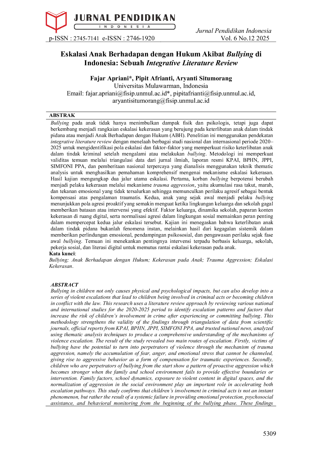 JURIS Eskalasi Anak Berhadapan dengan Hukum Akibat Bullying di Indonesia Sebuah Integrative Literature Review
