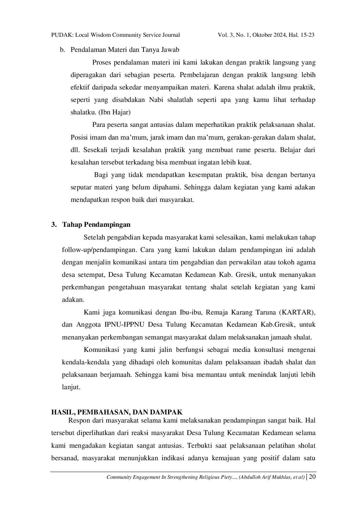 JURIS Community Engagement In Strengthening Religious Piety Through Sanad Based Prayer Training In Tulung Village Kedamean District
