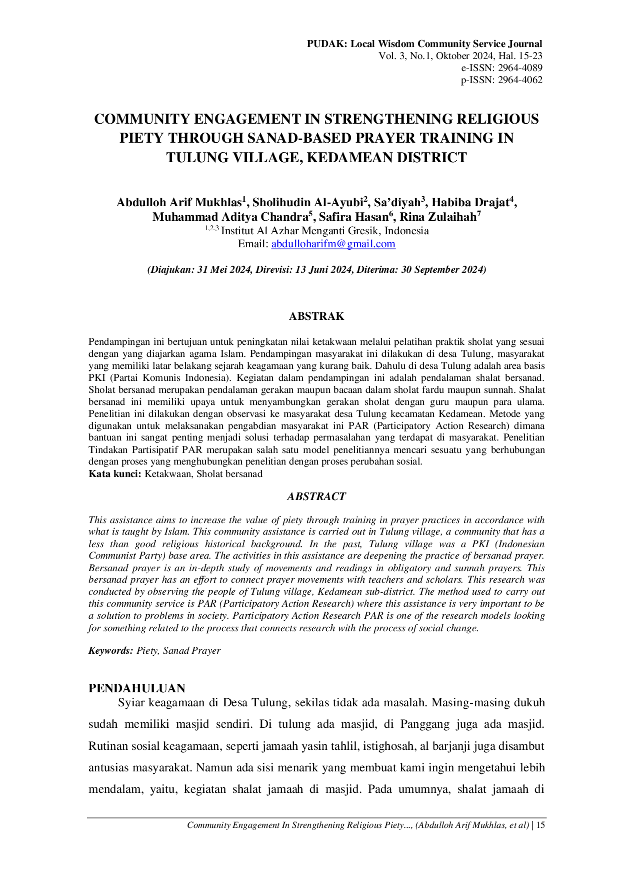 JURIS Community Engagement In Strengthening Religious Piety Through Sanad Based Prayer Training In Tulung Village Kedamean District