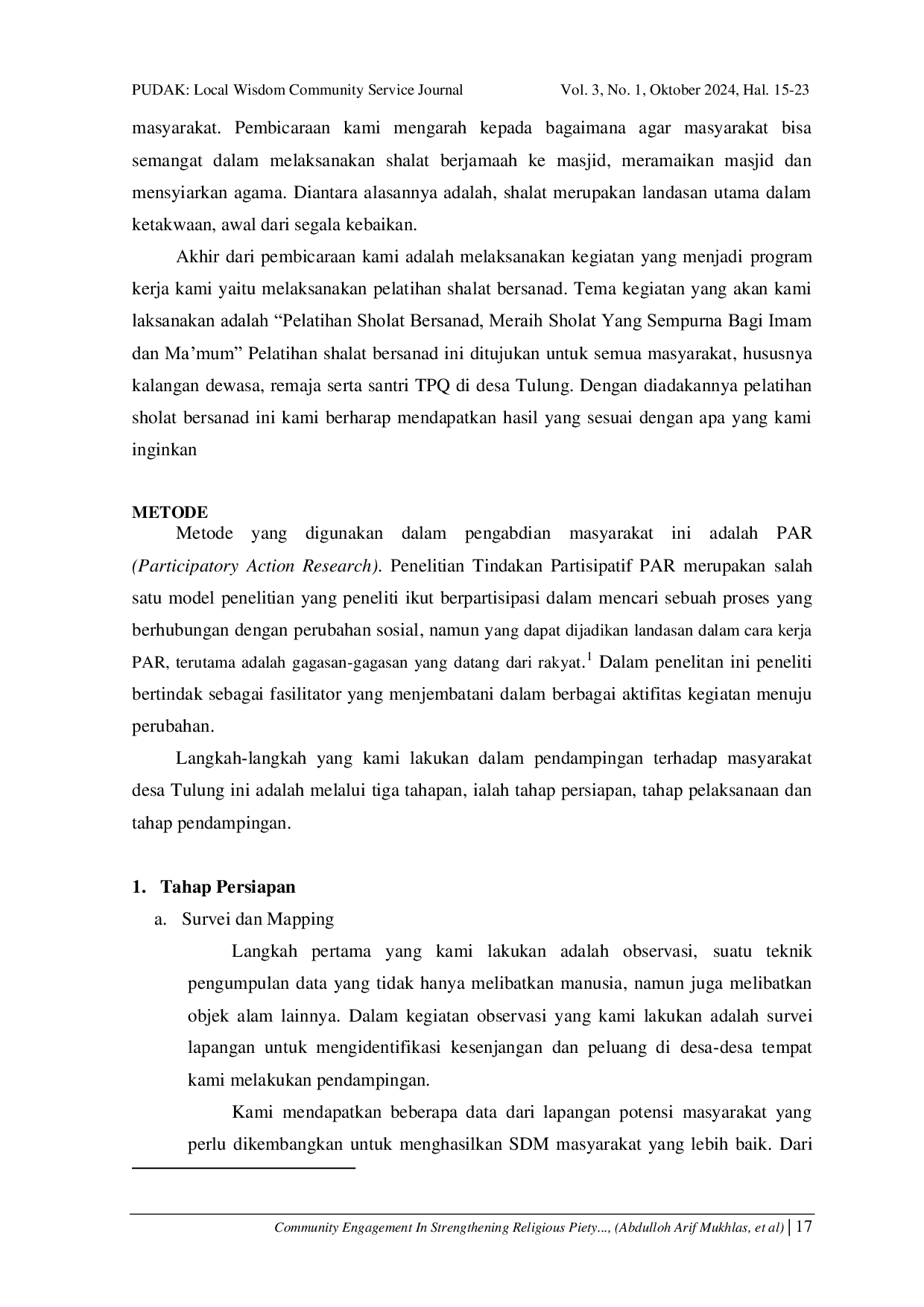 JURIS Community Engagement In Strengthening Religious Piety Through Sanad Based Prayer Training In Tulung Village Kedamean District