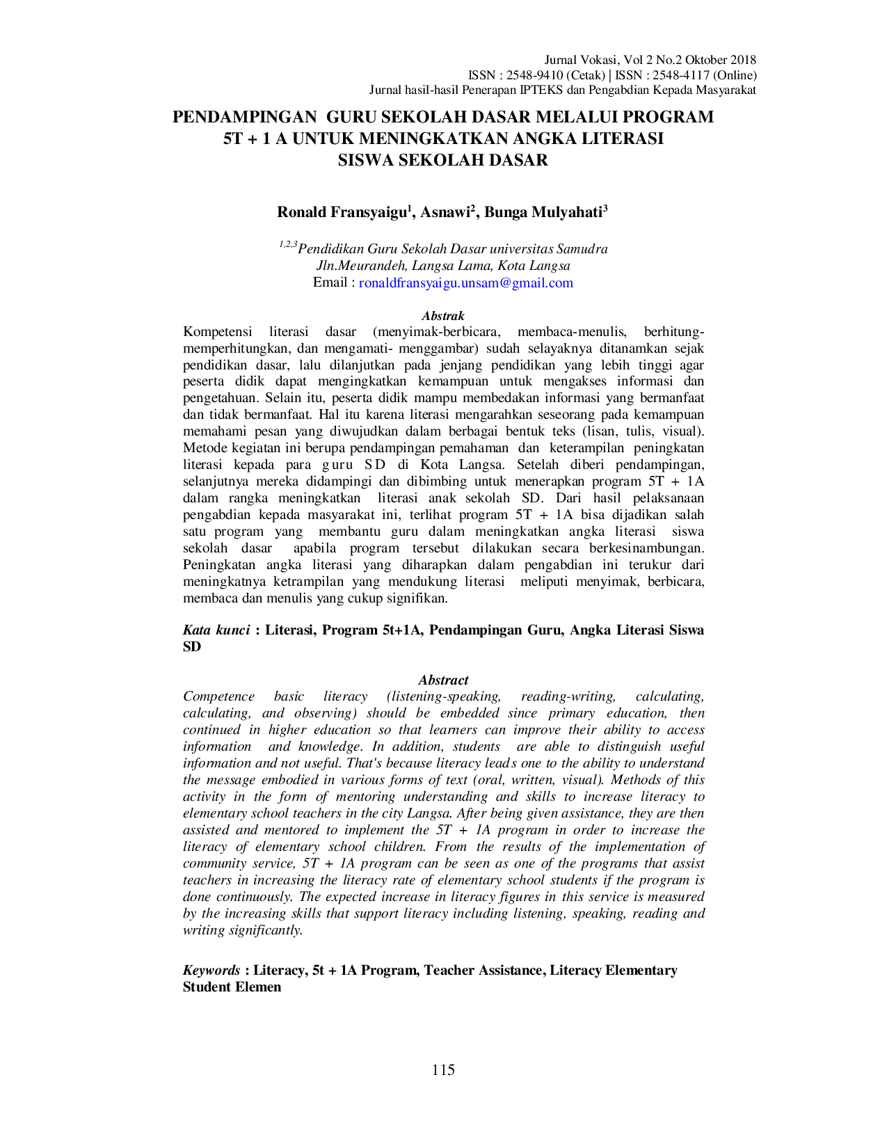 JURIS Pendampingan Guru Sekolah Dasar Melalui Program 5T 1 A Untuk Meningkatkan Angka Literasi Siswa Sekolah Dasar