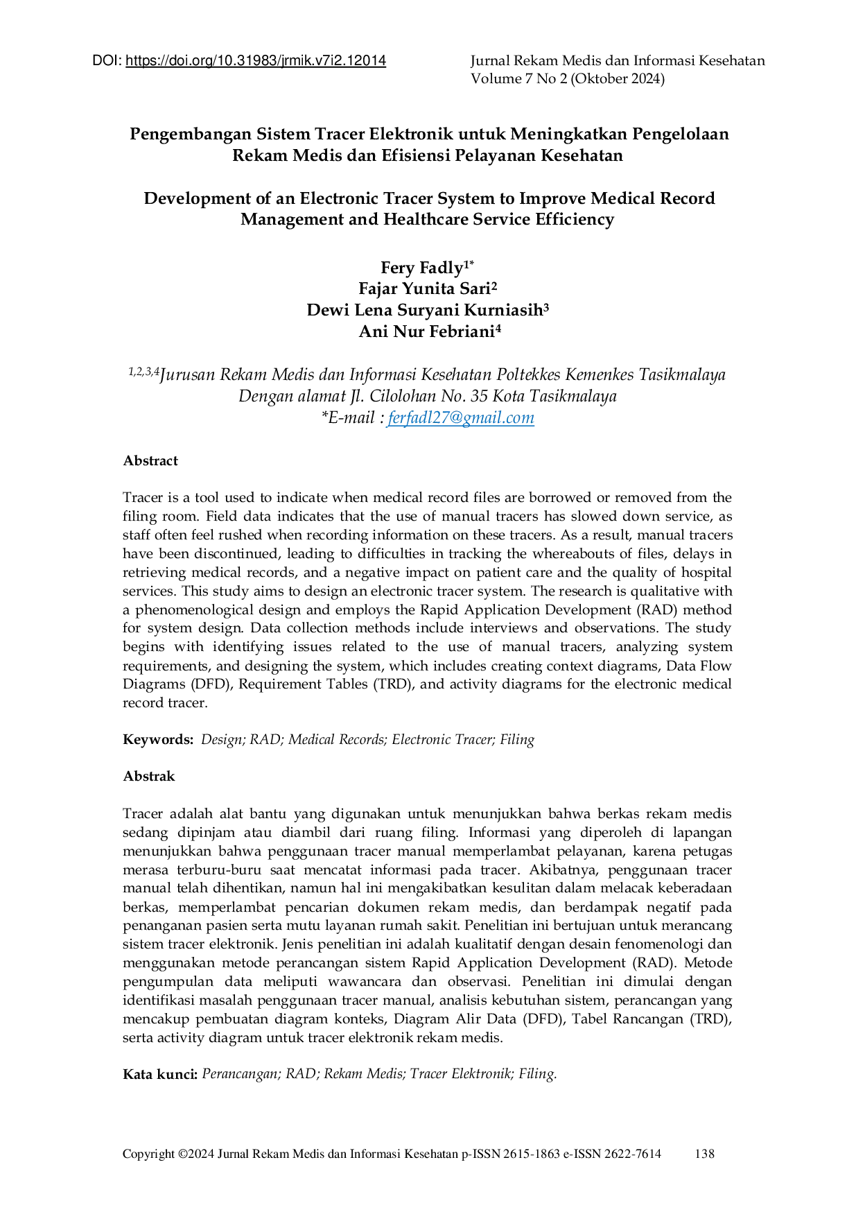 JURIS Development of an Electronic Tracer System to Improve Medical Record Management and Healthcare Service Efficienc
