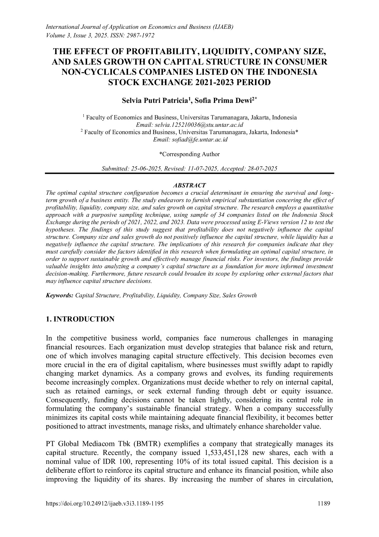 JURIS THE EFFECT OF PROFITABILITY LIQUIDITY COMPANY SIZE AND SALES GROWTH ON CAPITAL STRUCTURE IN CONSUMER NON CYCLICALS COMPANIES LISTED ON THE INDONESIA STOCK EXCHANGE 2021 2023 PERIOD
