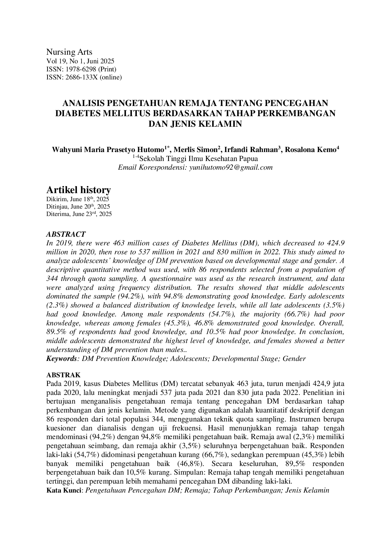 JURIS Analisis Pengetahuan Remaja Tentang Pencegahan Diabetes Mellitus Berdasarkan Tahap Perkembangan Dan Jenis Kelamin