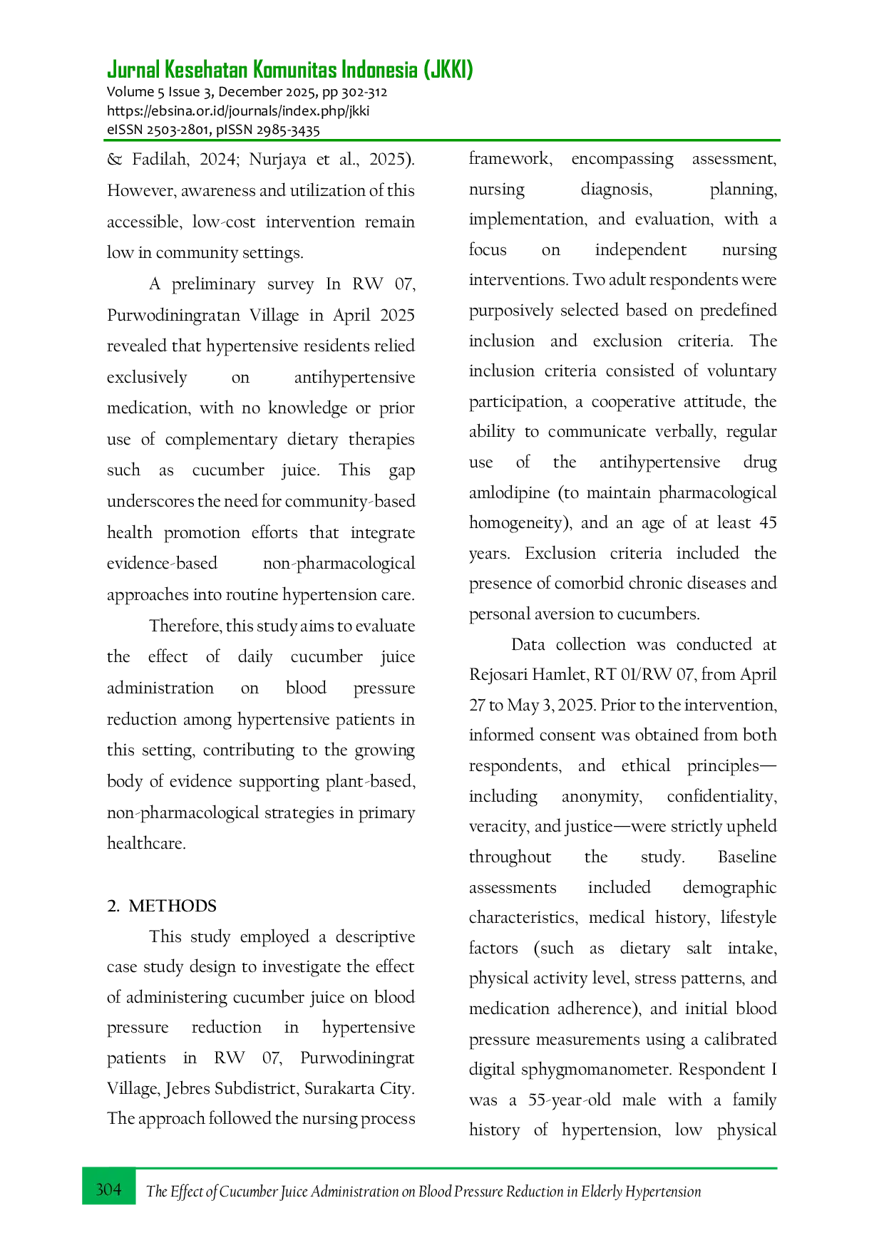 JURIS The Effect of Cucumber Juice Administration on Blood Pressure Reduction in Older Adults Hypertension A Case Study