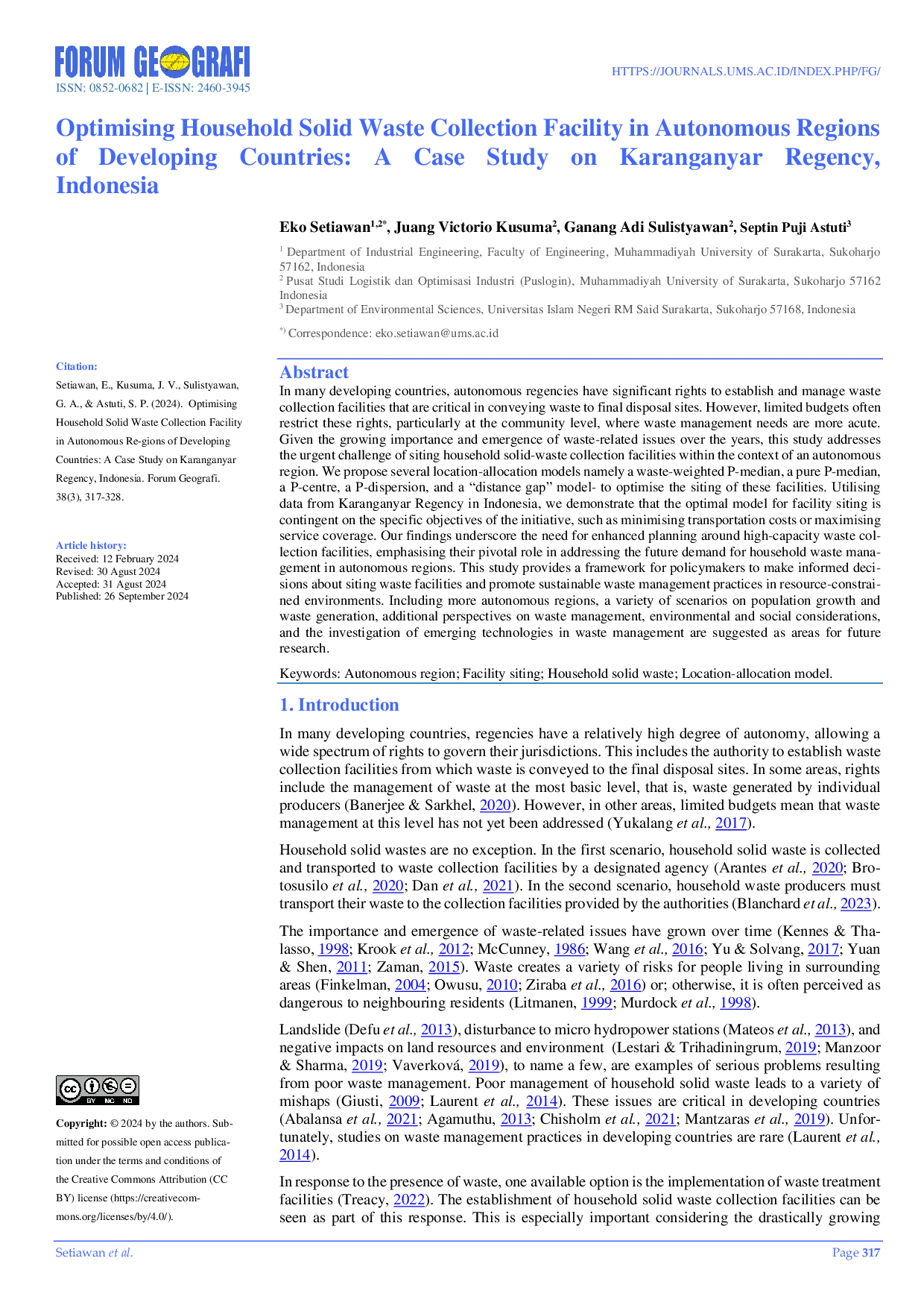 JURIS Optimising Household Solid Waste Collection Facility in Autonomous Regions of Developing Countries A Case Study on Karanganyar Regency Indonesia