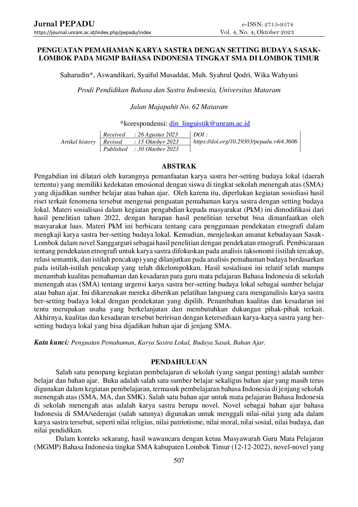 JURIS Penguatan Pemahaman Karya Sastra dengan Setting Budaya Sasak Lombok pada MGMP Bahasa Indonesia Tingkat SMA di Lombok Timur