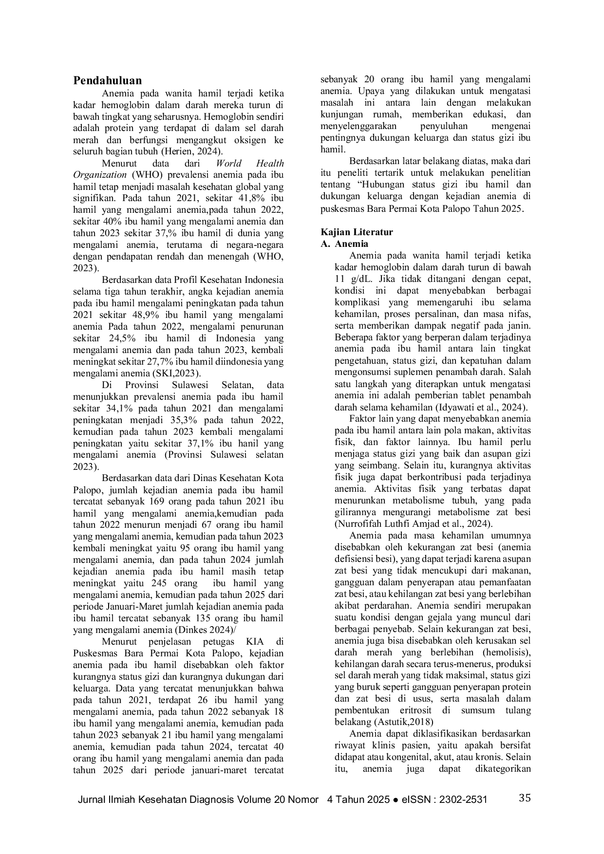 JURIS Hubungan status gizi ibu hamil dan dukungan keluarga dengan kejadian anemia Di Puskesmas Bara Permai Kota Palopo Tahun 2025