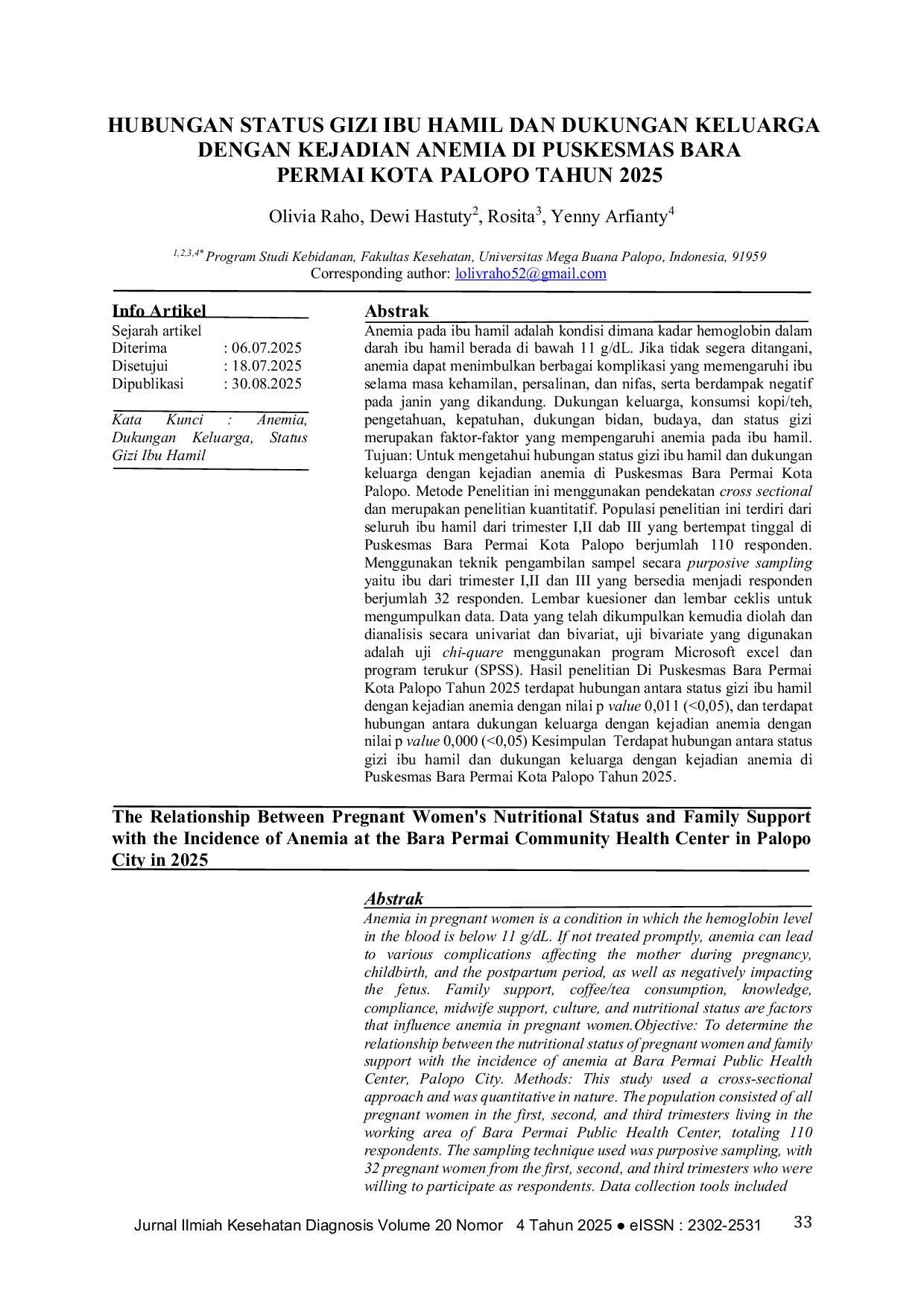JURIS Hubungan status gizi ibu hamil dan dukungan keluarga dengan kejadian anemia Di Puskesmas Bara Permai Kota Palopo Tahun 2025