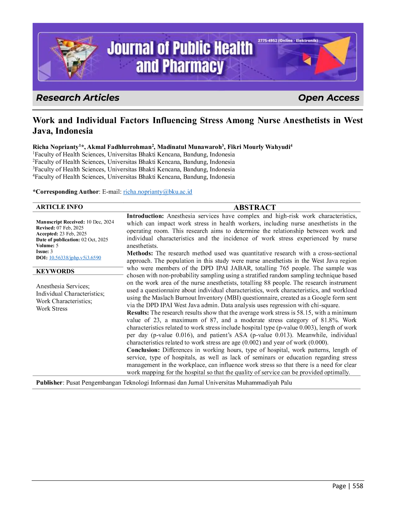 JURIS Work and Individual Factors Influencing Stress Among Nurse Anesthetists in West Java Indonesia