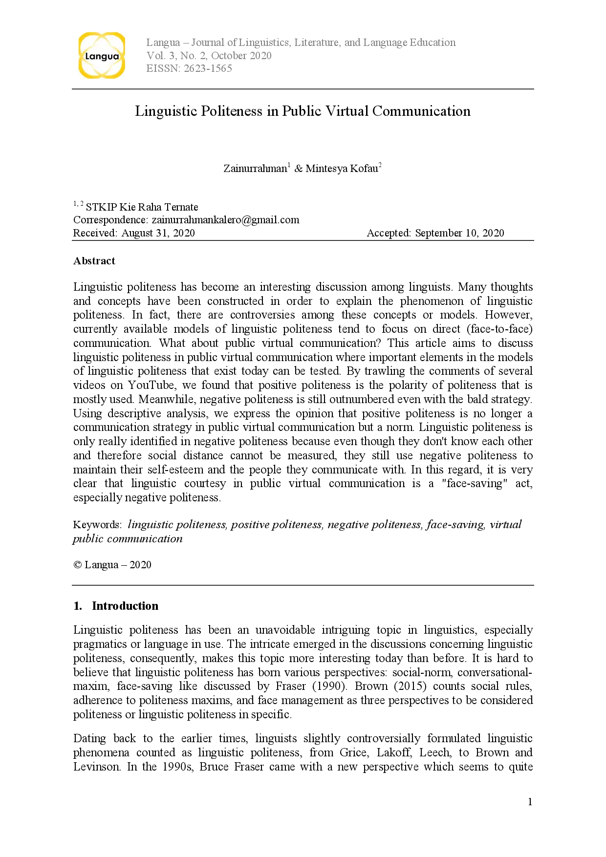 juris Linguistic Politeness in Public Virtual Communication