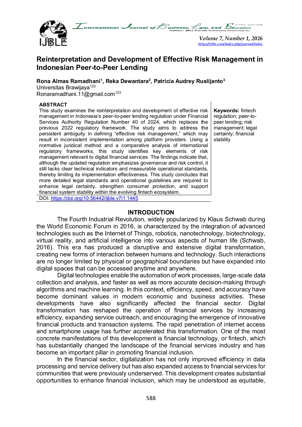 JURIS Reinterpretation and Development of Effective Risk Management in Indonesian Peer to Peer Lending
