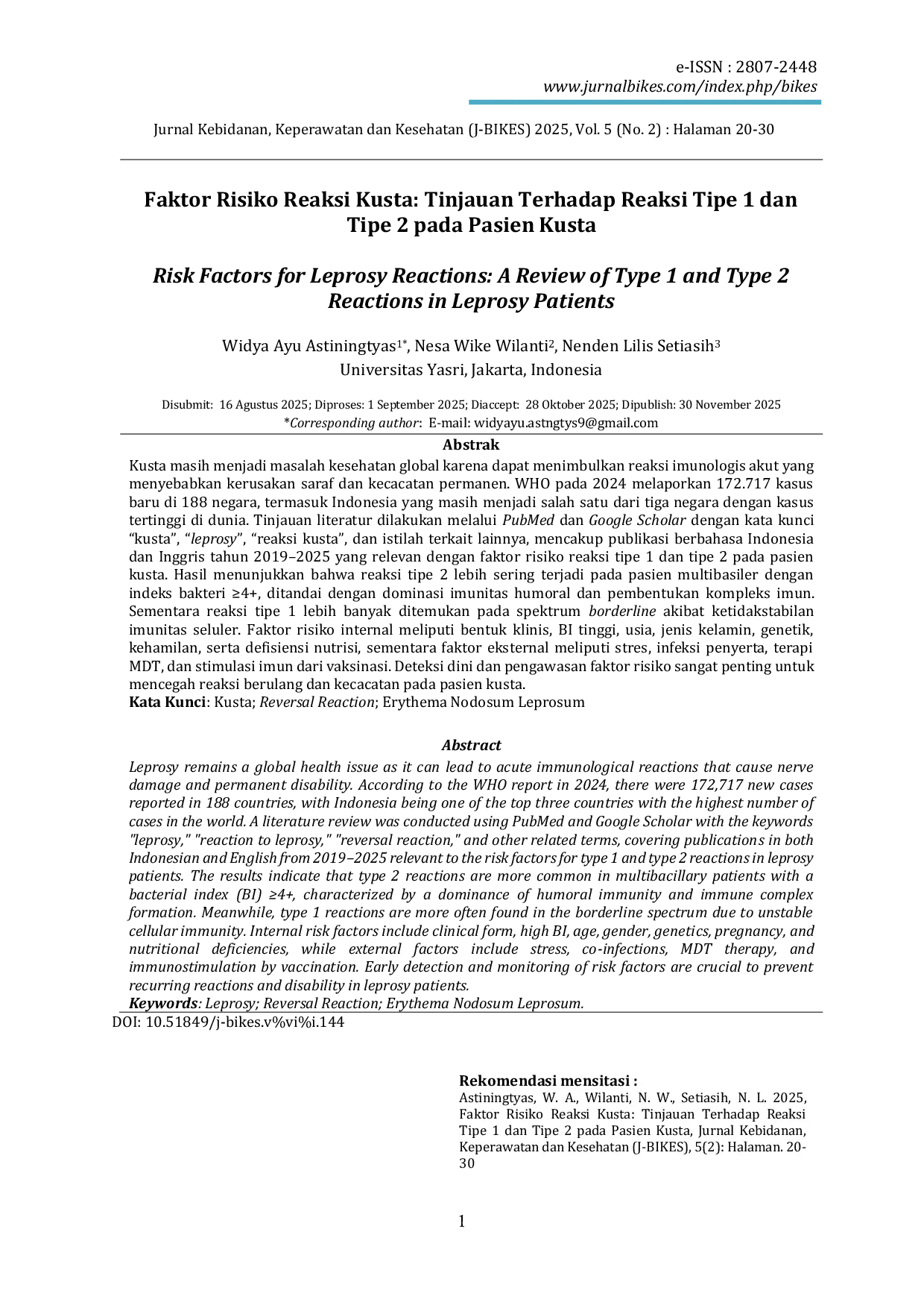 JURIS Faktor Risiko Reaksi Kusta Tinjauan Terhadap Reaksi Tipe 1 dan Tipe 2 pada Pasien Kusta