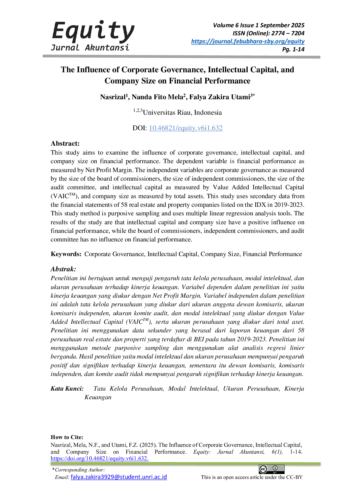 JURIS The Influence of Corporate Governance Intellectual Capital and Company Size on Financial Performance