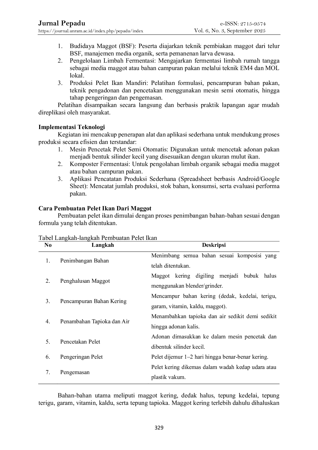 JURIS Penerapan Teknologi Produksi Pelet Ikan Berbasis Maggot di Kampoeng Oase Ondemohen Surabaya Sebagai Upaya Pengembangan Ekonomi Sirkular