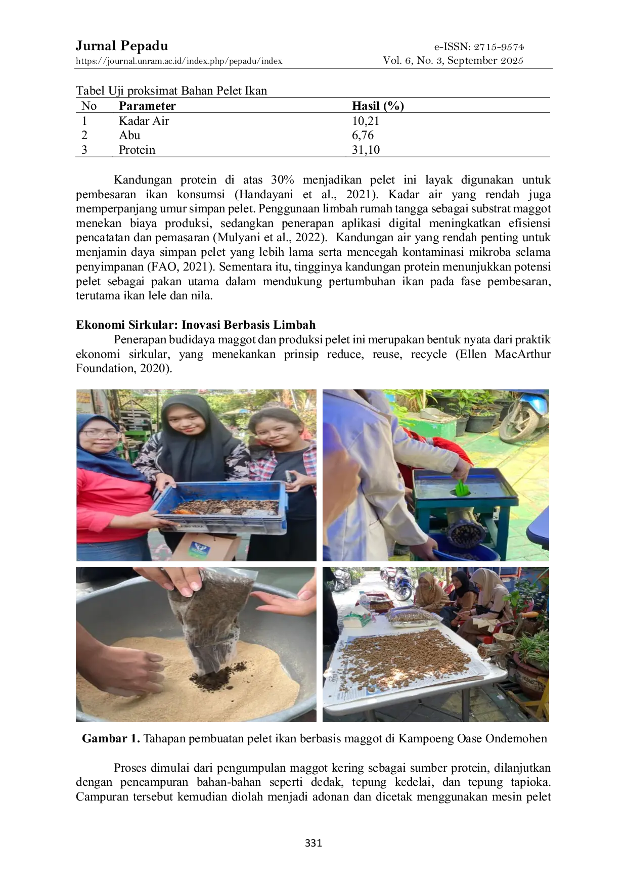 JURIS Penerapan Teknologi Produksi Pelet Ikan Berbasis Maggot di Kampoeng Oase Ondemohen Surabaya Sebagai Upaya Pengembangan Ekonomi Sirkular