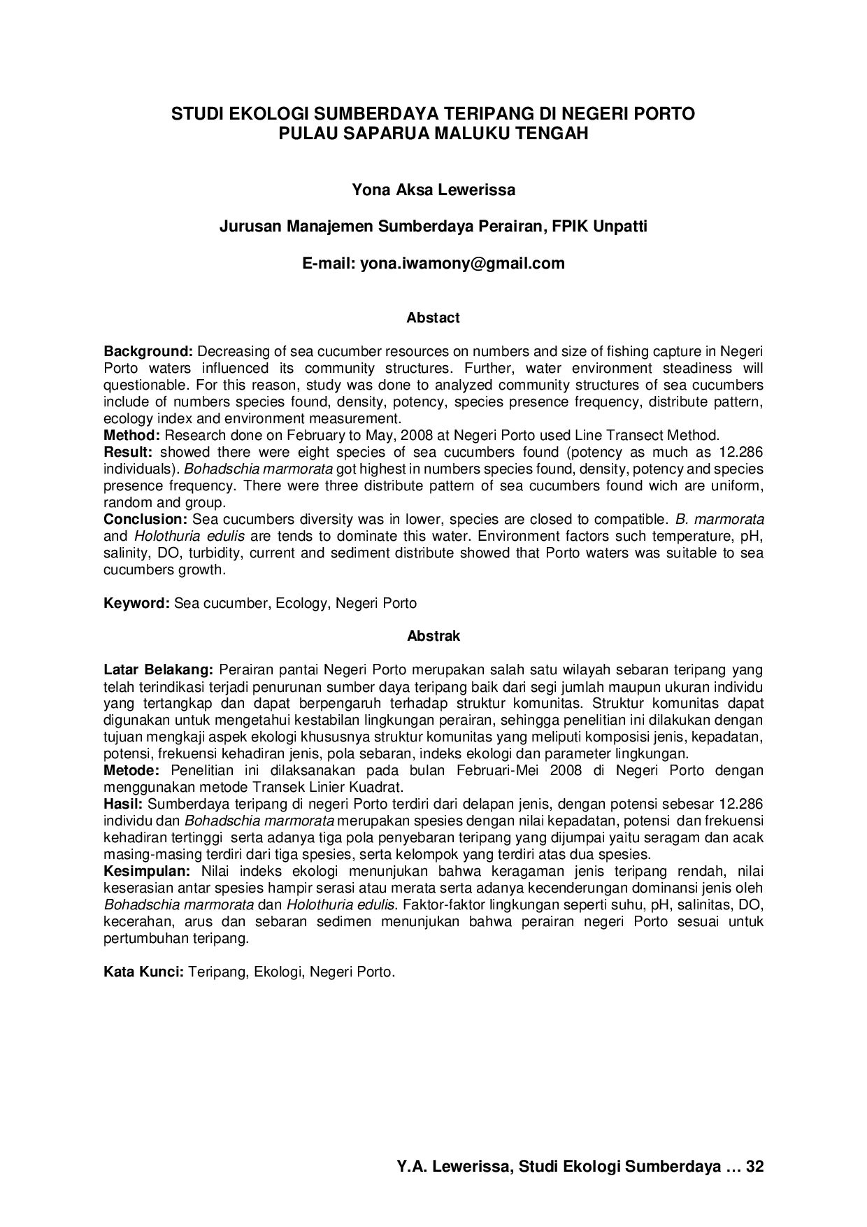 JURIS Studi Ekologi Sumberdaya Teripang Di Negeri Porto Pulau Saparua Maluku Tengah