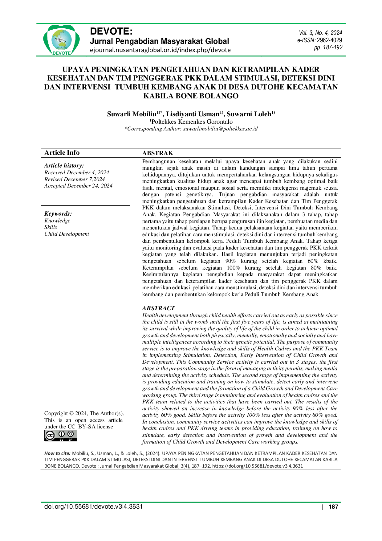 JURIS Upaya Peningkatan Pengetahuan dan Ketrampilan Kader Kesehatan dan Tim Penggerak PKK Dalam Stimulasi Deteksi Dini dan Intervensi Tumbuh Kembang Anak di Desa Dutohe Kecamatan Kabila Bone Bolango