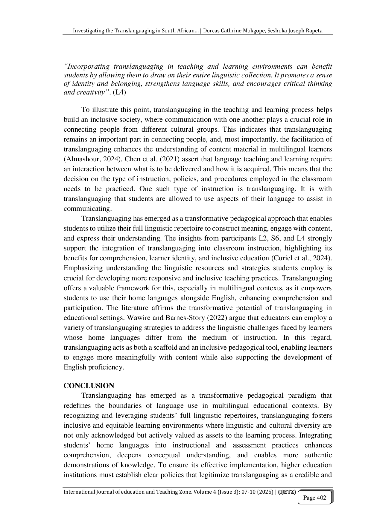 JURIS Investigating the Translanguaging in South African Higher Education Insights from Lecturers and Students