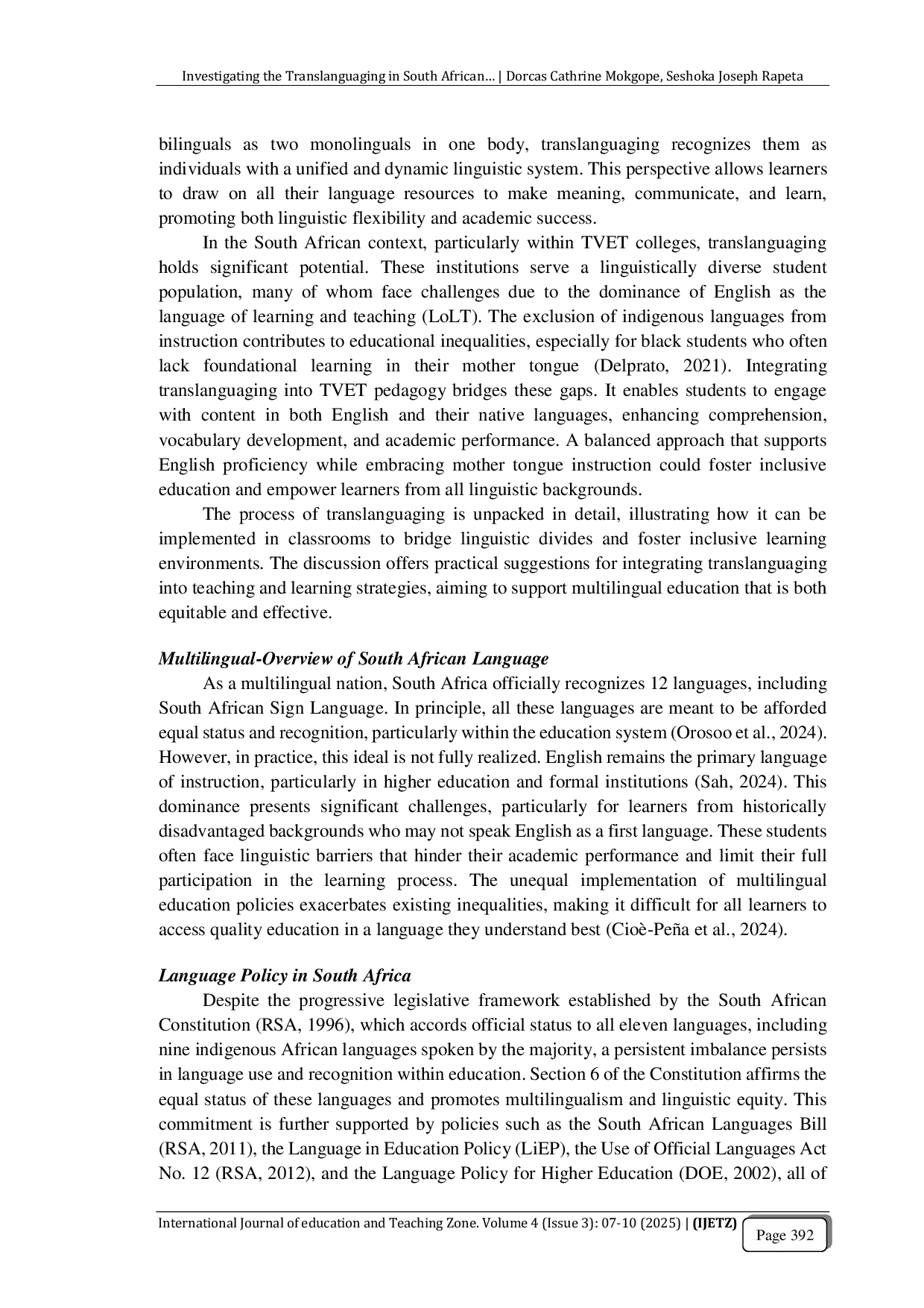 JURIS Investigating the Translanguaging in South African Higher Education Insights from Lecturers and Students