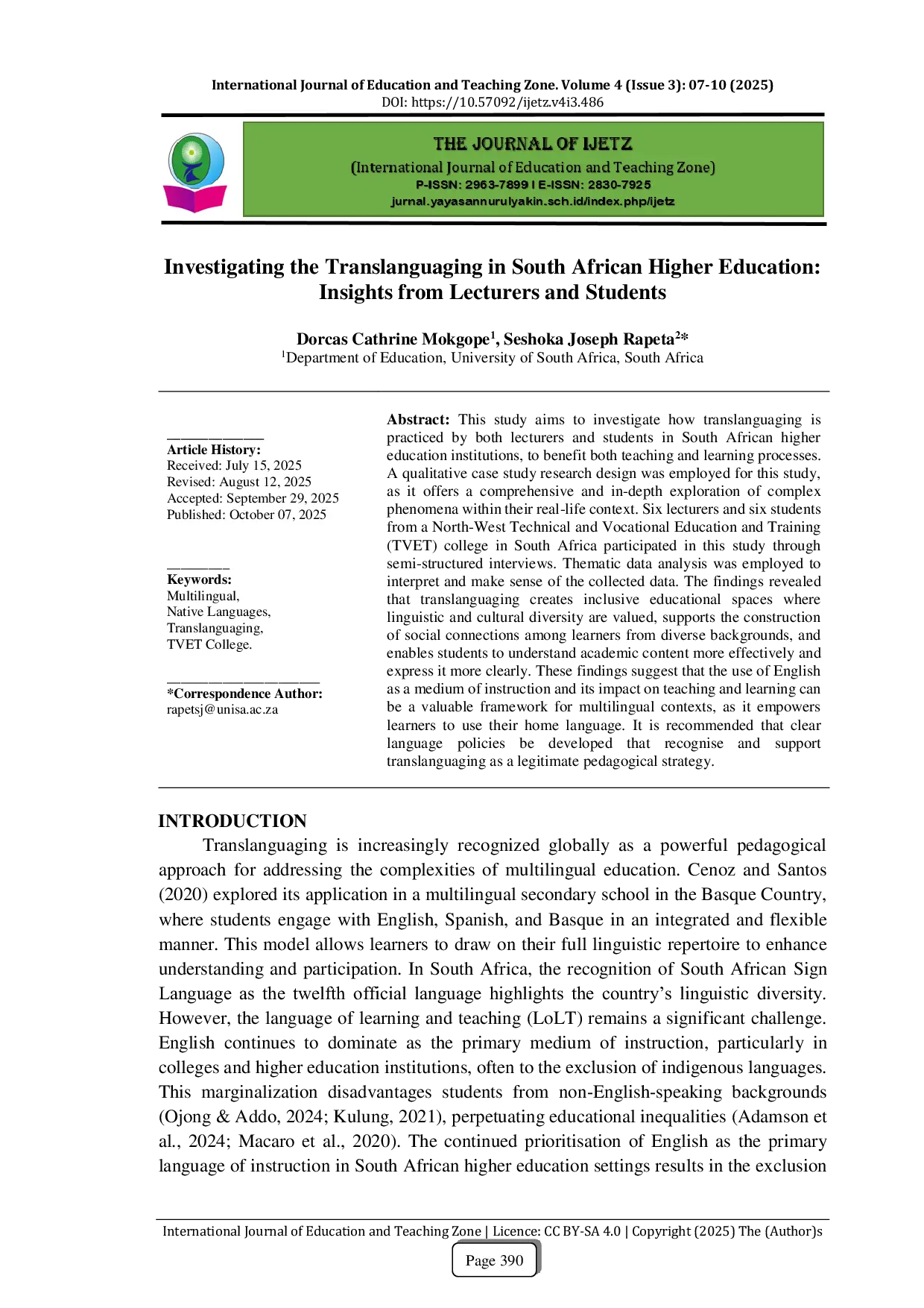 JURIS Investigating the Translanguaging in South African Higher Education Insights from Lecturers and Students